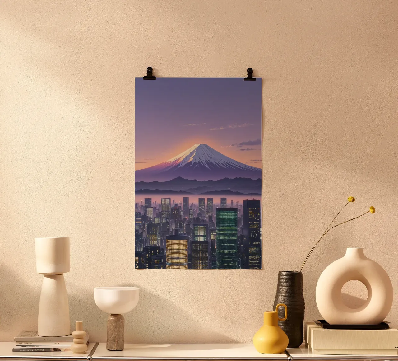 A Dreamy View of Mount Fuji in the Evening poster con telaio in legno da AlbertKlee