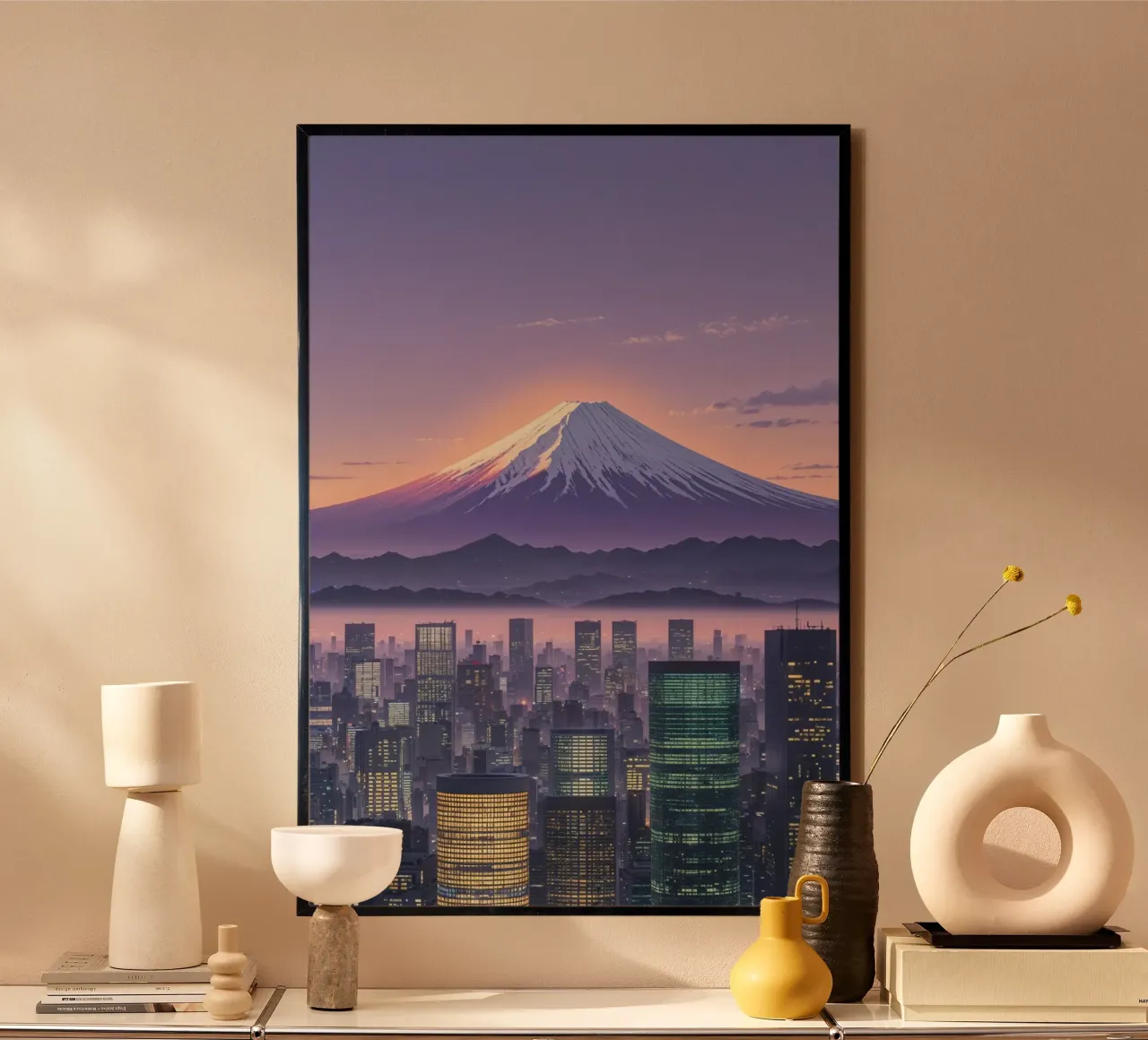 A Dreamy View of Mount Fuji in the Evening poster con telaio in legno da AlbertKlee