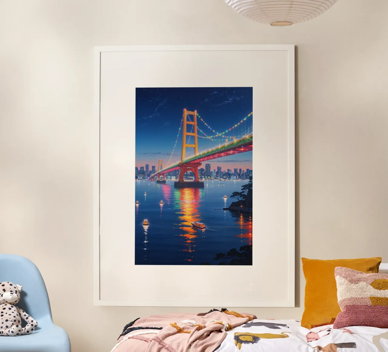 Neon Brilliance of Rainbow Bridge, Tokyo poster con telaio in alluminio da AlbertKlee