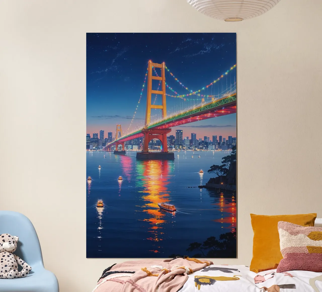 Neon Brilliance of Rainbow Bridge, Tokyo poster con telaio in alluminio da AlbertKlee