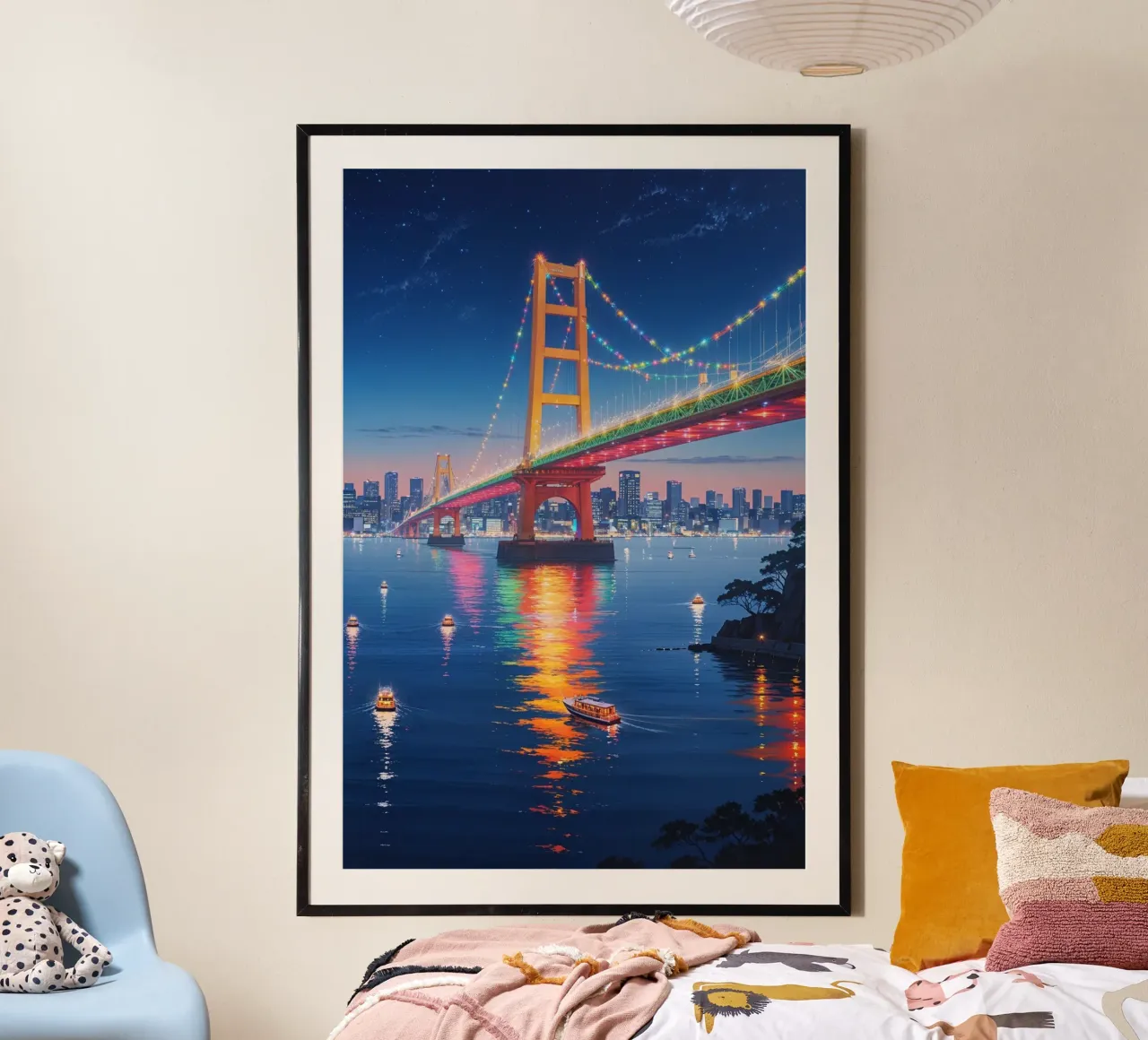Neon Brilliance of Rainbow Bridge, Tokyo poster con telaio in alluminio da AlbertKlee