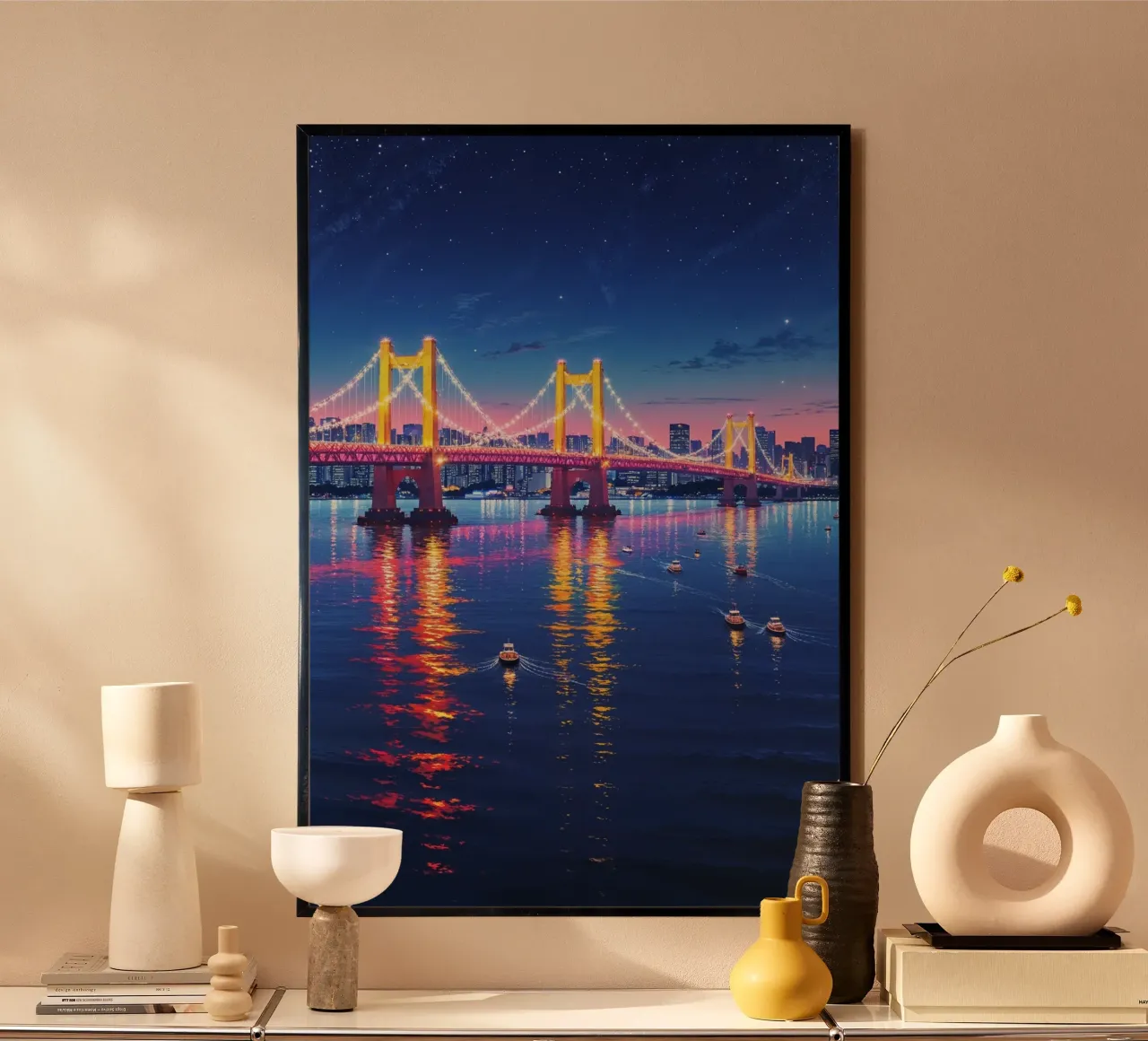 Glowing Rainbow Bridge Over Tokyo Bay poster con telaio in legno da AlbertKlee