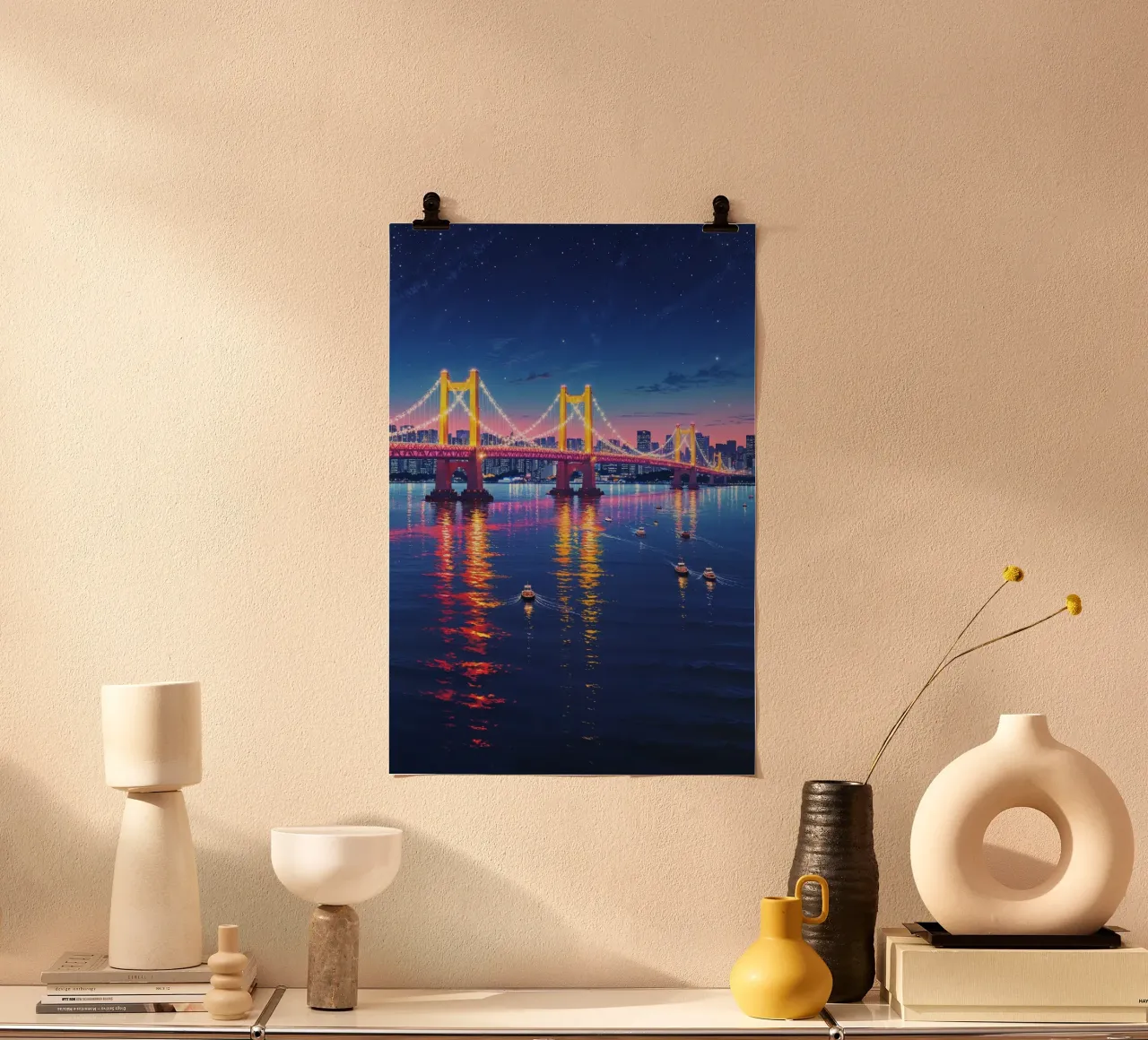 Glowing Rainbow Bridge Over Tokyo Bay poster con telaio in legno da AlbertKlee