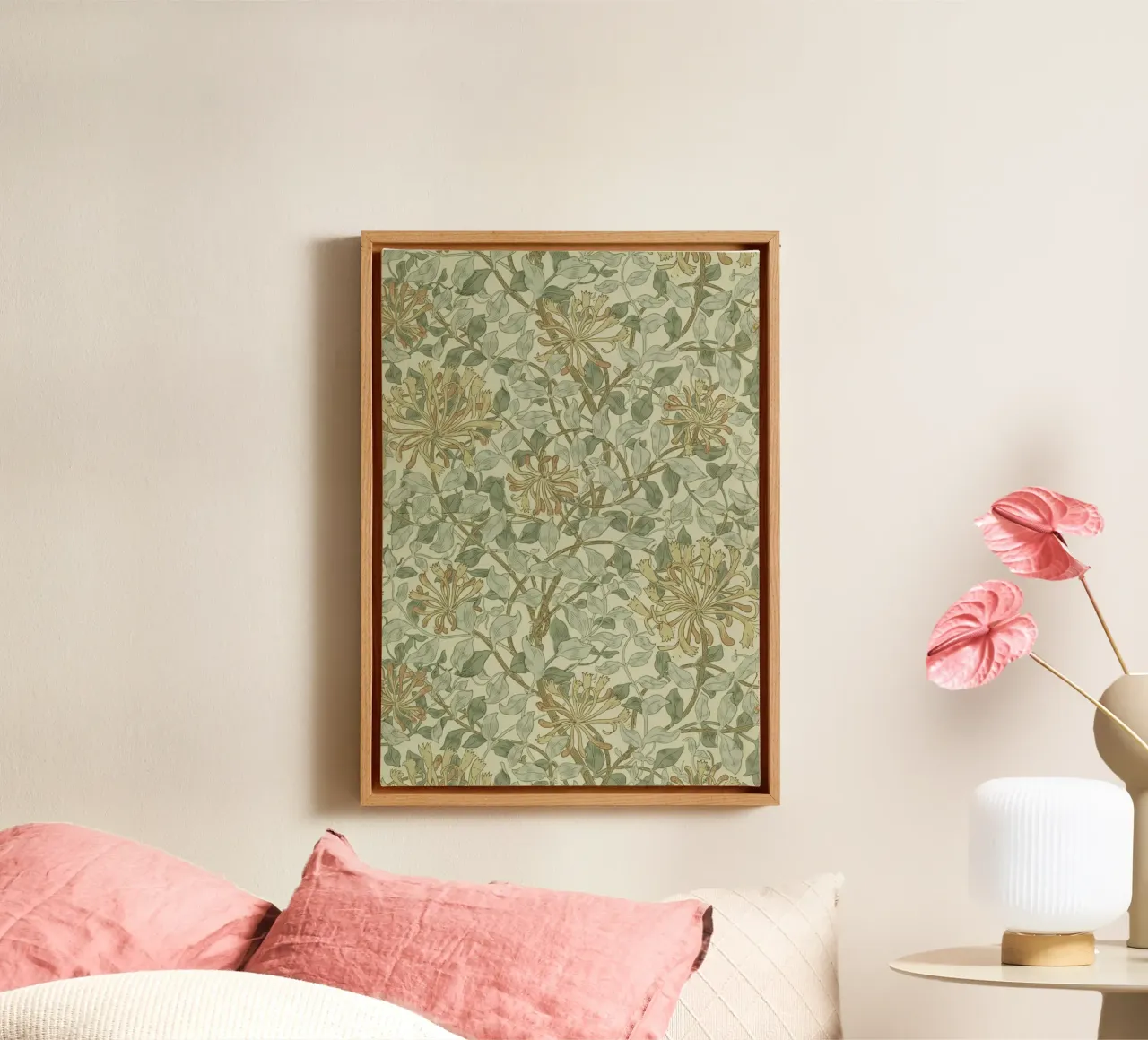 William Morris - Honeysuckle pattern canvas with Floater frame by William Store