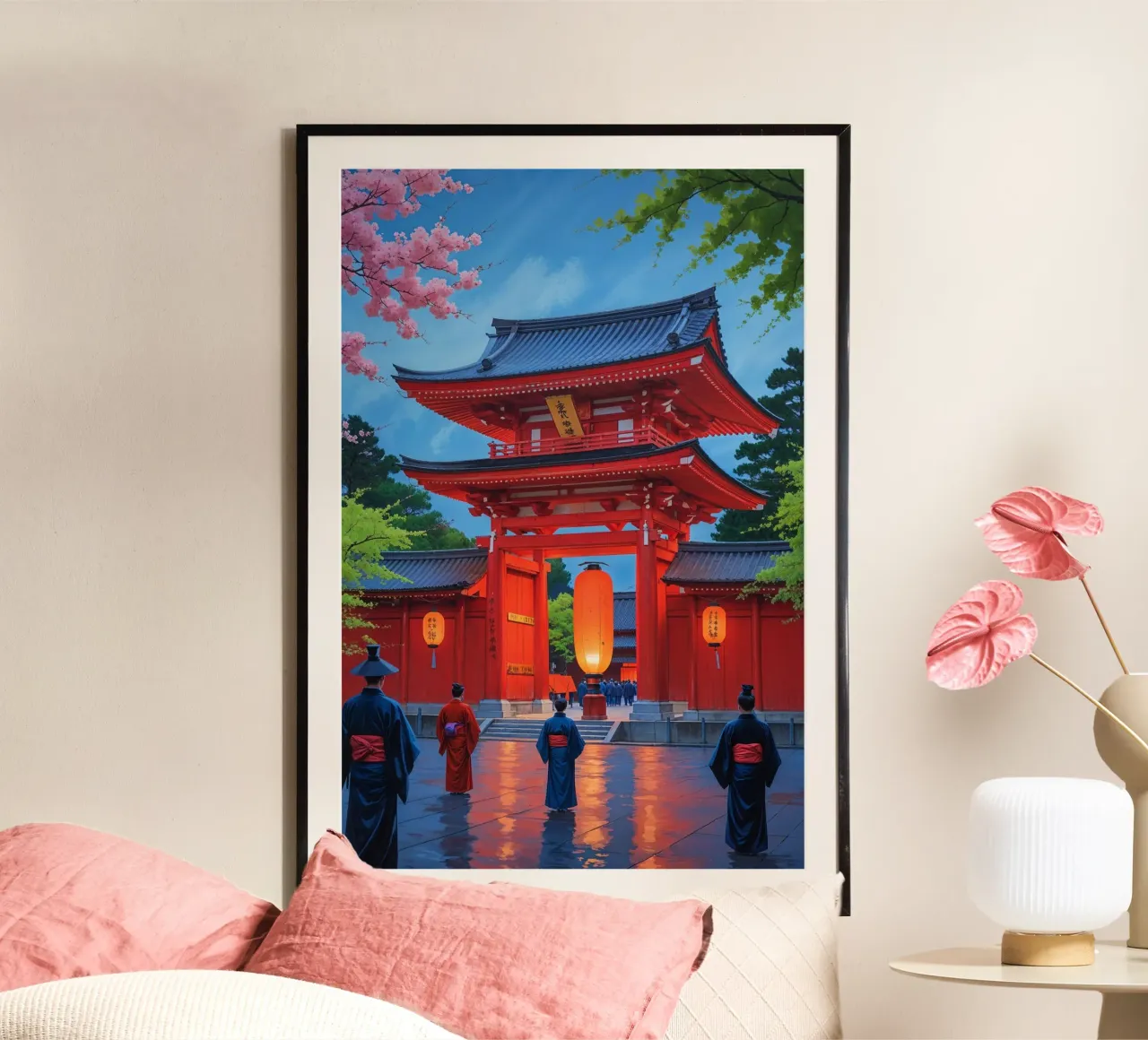 Sensoji Temple in Asakusa during a Traditional Ceremony poster con telaio in legno da AlbertKlee