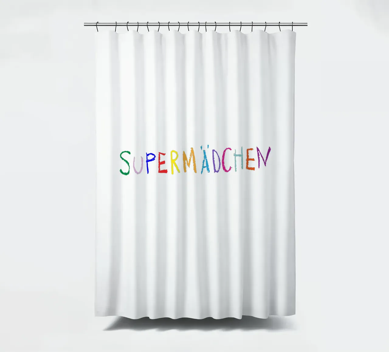 Supermädchen shower curtain by Brushmeetspaper