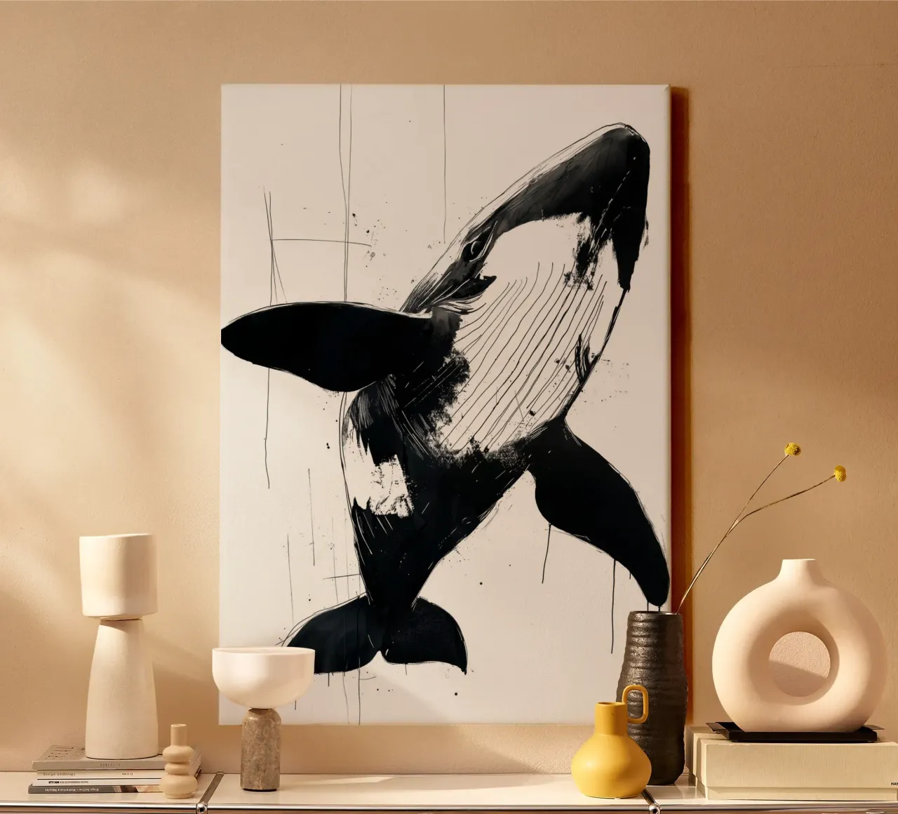 Black and white whale canvas by Justyna Jaszke JBJart