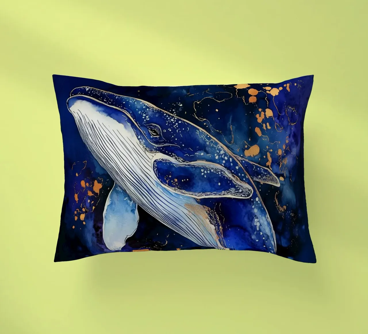 Blue and gold whale art decorative cushion by Justyna Jaszke JBJart