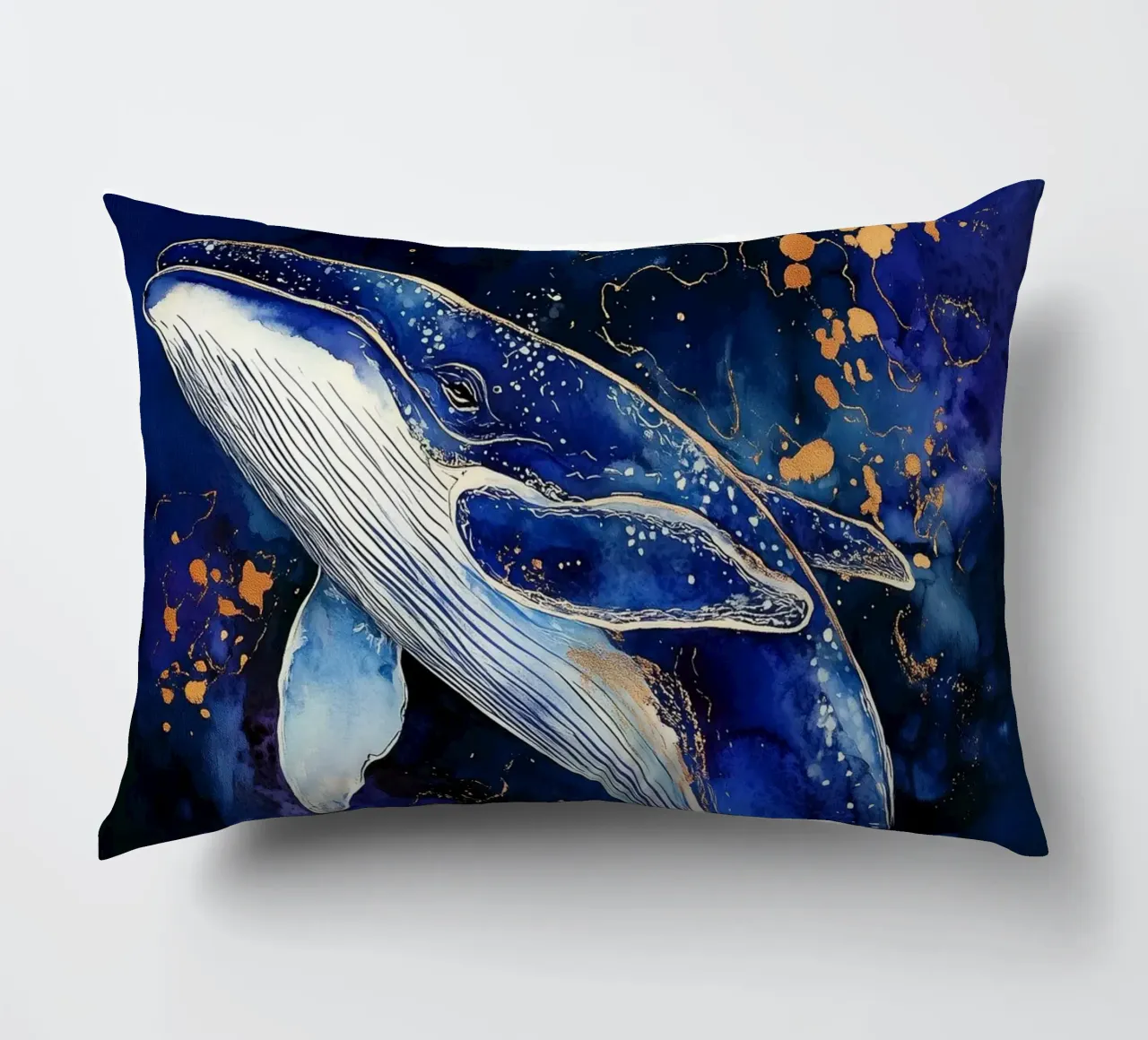 Blue and gold whale art decorative cushion by Justyna Jaszke JBJart