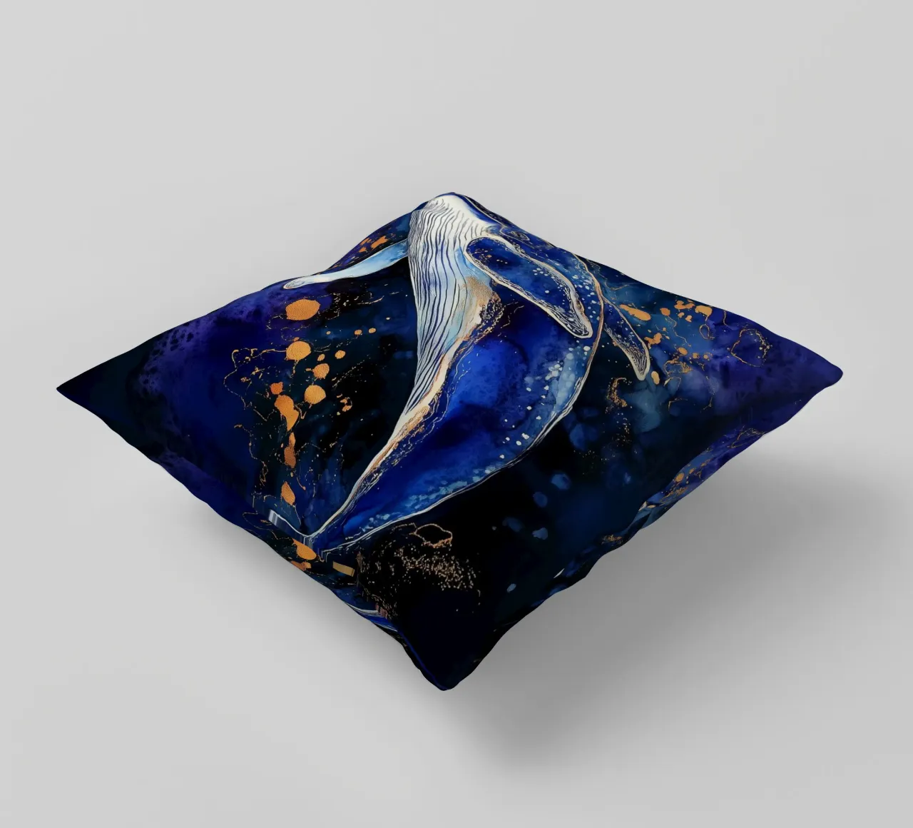 Blue and gold whale art decorative cushion by Justyna Jaszke JBJart