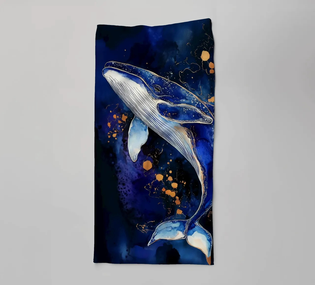 Blue and gold whale art towel by Justyna Jaszke JBJart