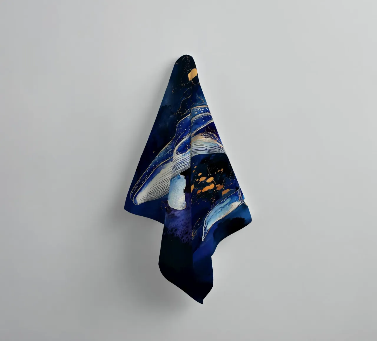 Blue and gold whale art towel by Justyna Jaszke JBJart