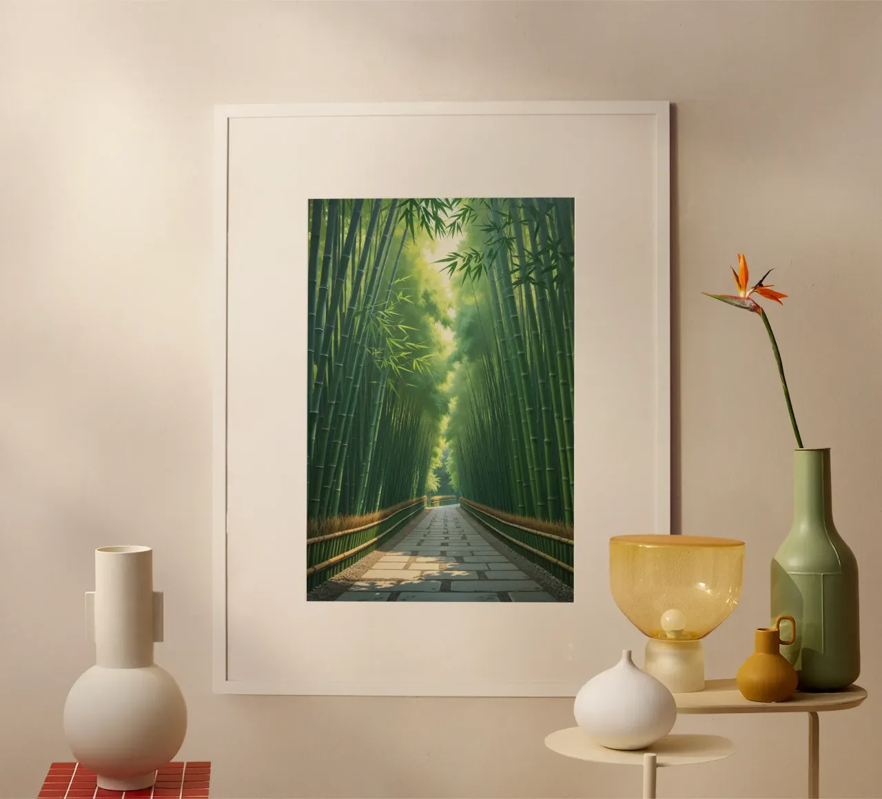 Serenity in Kyoto’s Bamboo Forest poster con telaio in legno da AlbertKlee