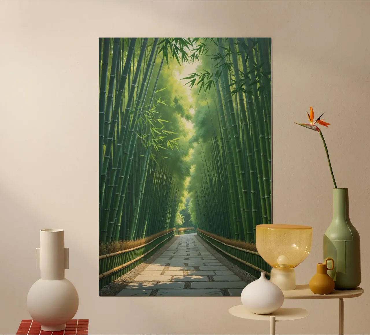 Serenity in Kyoto’s Bamboo Forest poster con telaio in legno da AlbertKlee