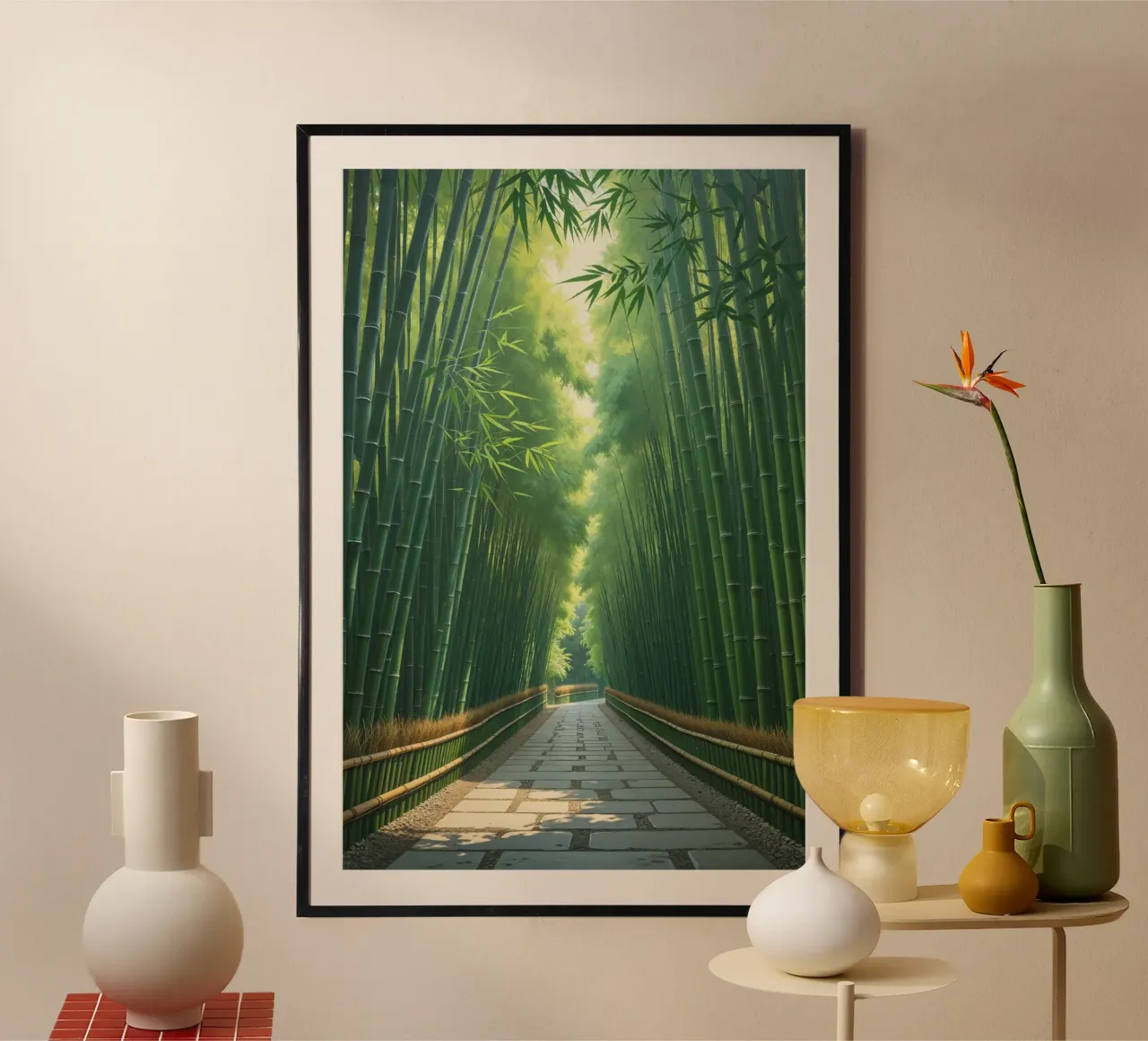 Serenity in Kyoto’s Bamboo Forest poster con telaio in legno da AlbertKlee