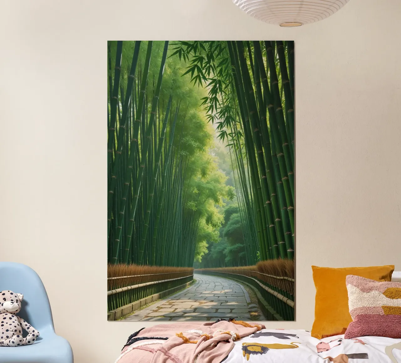 Sunlit Passage Through Arashiyama Bamboo Grove poster con telaio in legno da AlbertKlee