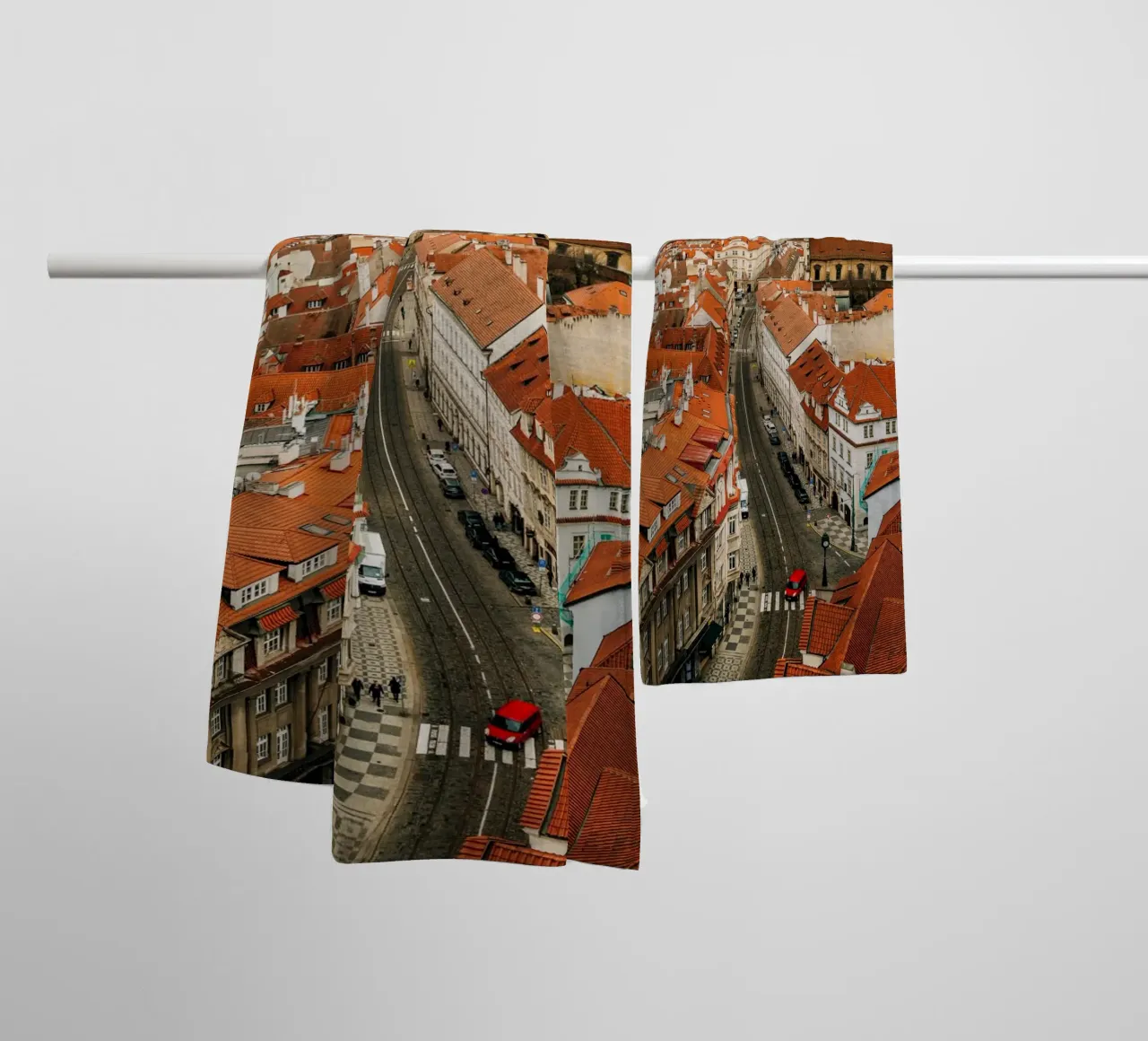 Red roofs in Prague - Dark clouds over the city towel by Bold and Retro