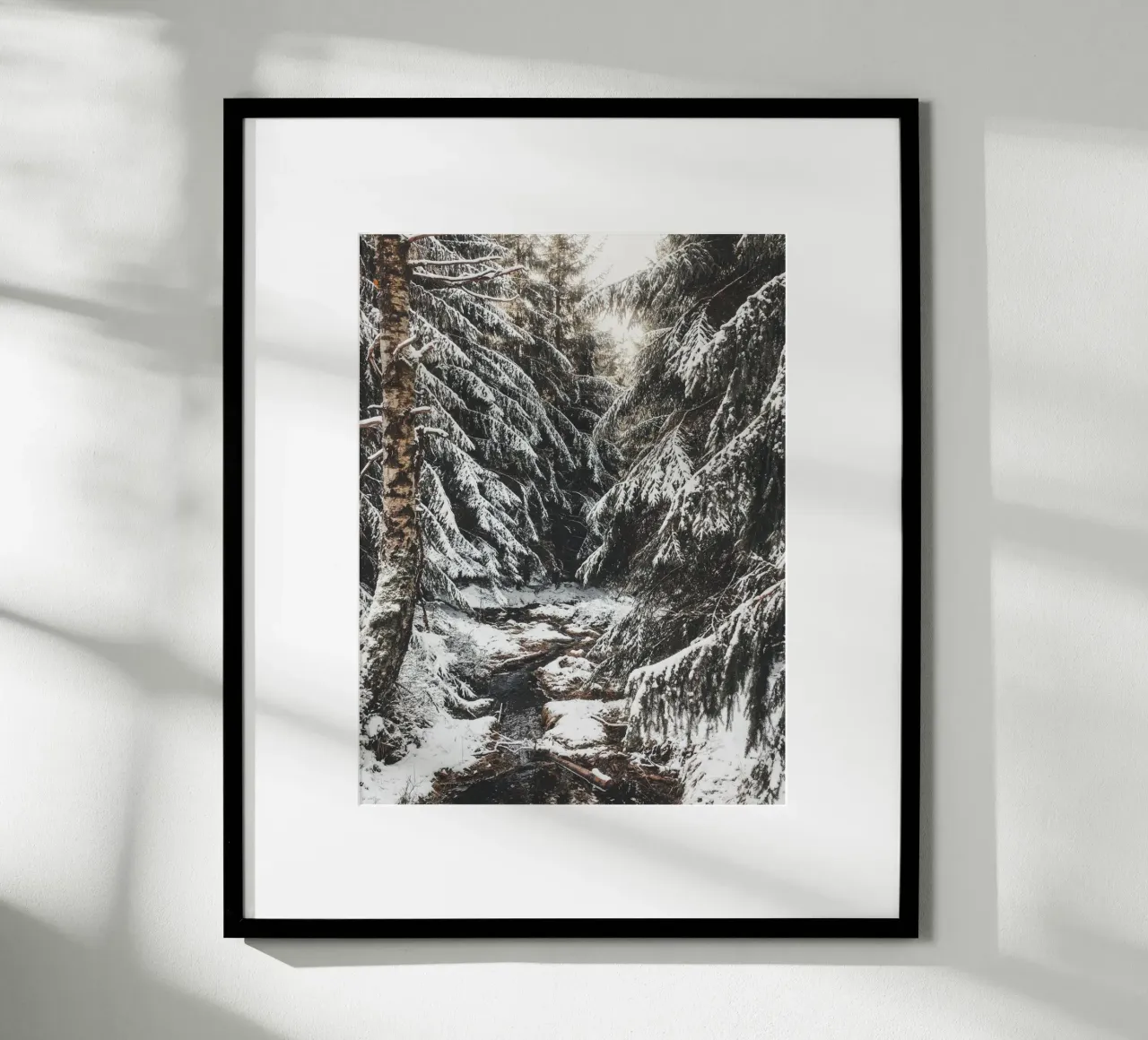 Enchanting winter forest with stream and snow-covered trees hahnemühle by Bold and Retro
