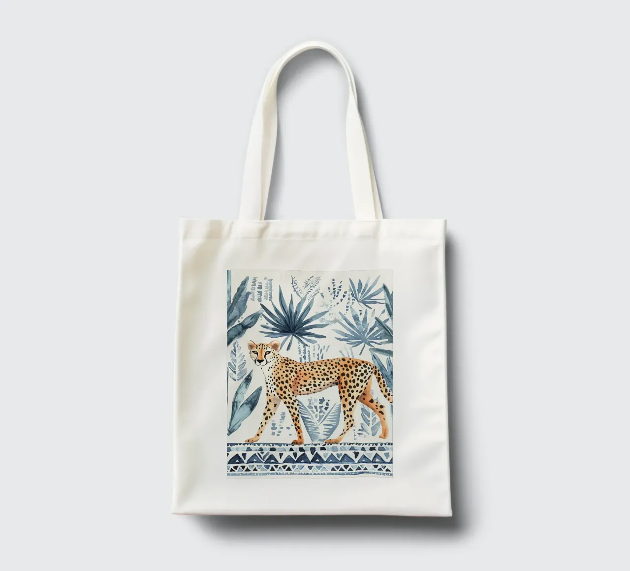 Stampa astratta ghepardo Boho, stampa artistica da parete blu borsa in juta da Boheme