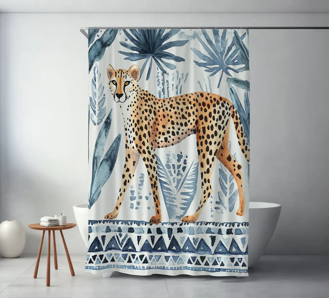 Boho Cheetah Impresión Abstracta, Impresión de Arte de Pared Azul cortina de baño de Boheme