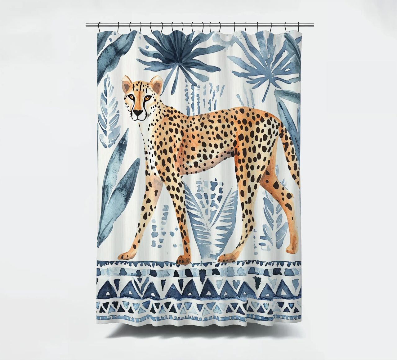 Boho Cheetah Abstract Print, Blauer Wandkunstdruck Duschvorhang von Boheme
