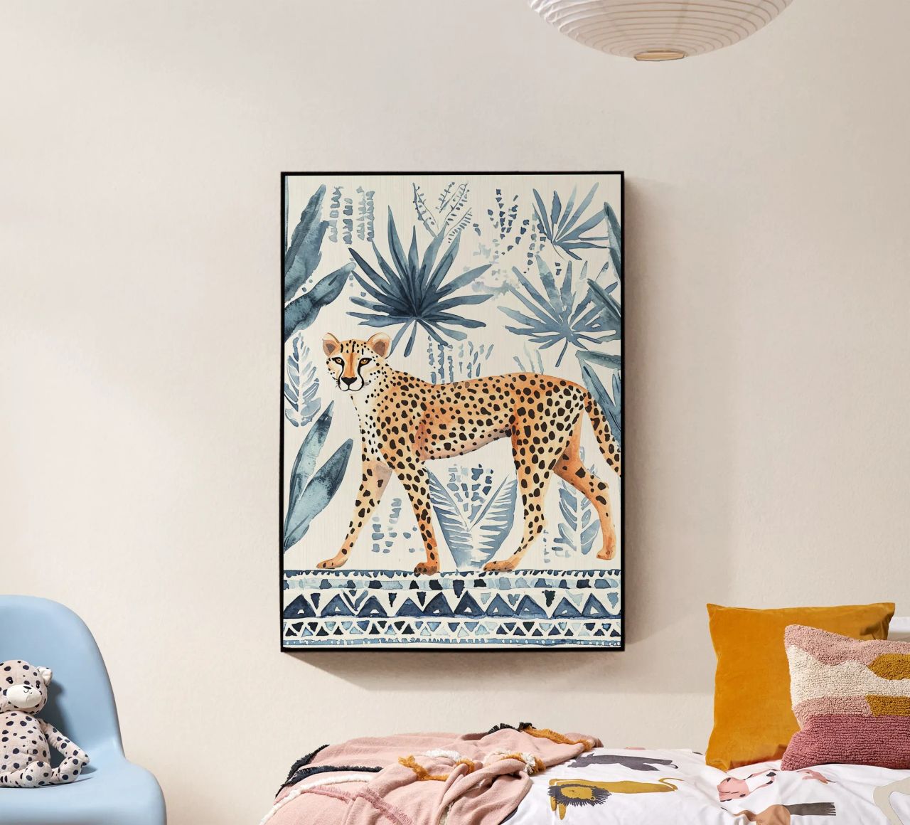 Boho Cheetah Abstract Print, Blauer Wandkunstdruck Acryl-Glas von Boheme