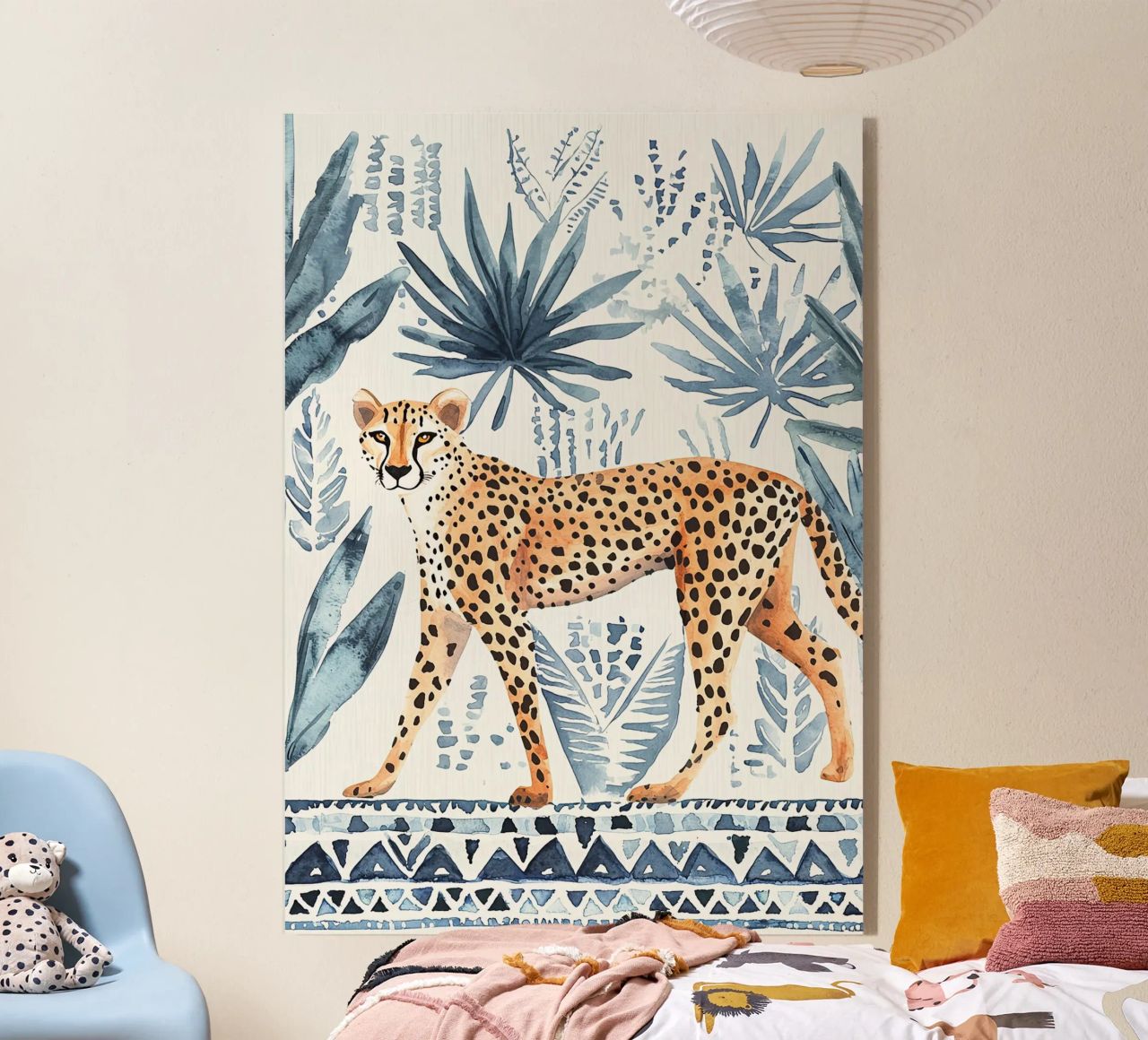 Boho Cheetah Abstract Print, Blauer Wandkunstdruck Acryl-Glas von Boheme