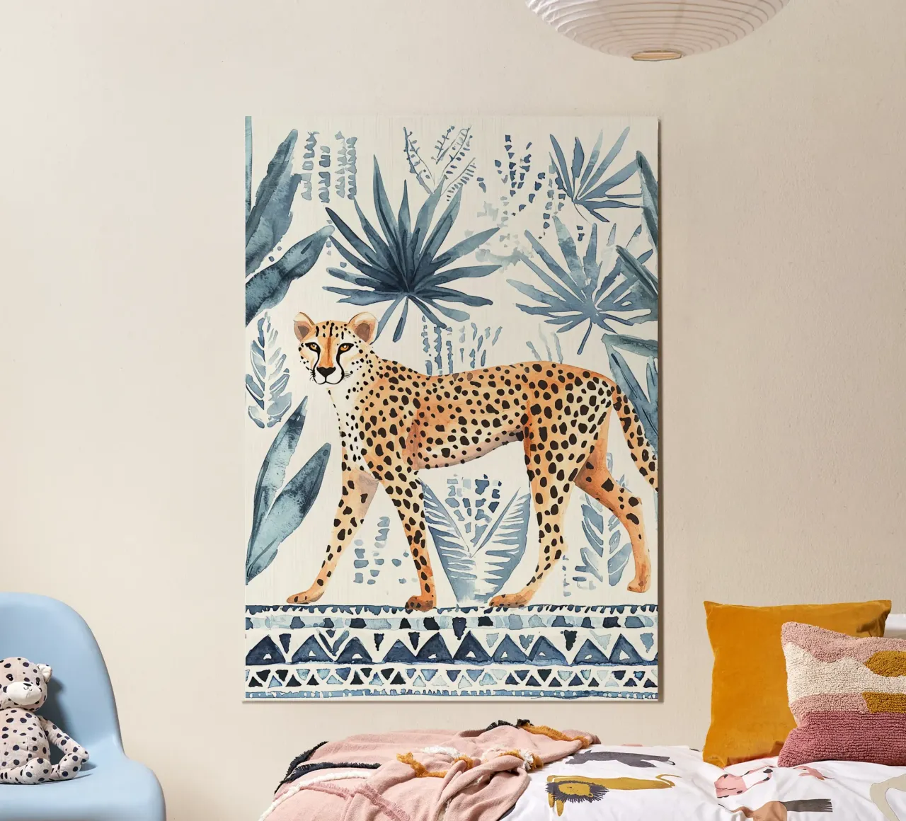 Stampa astratta ghepardo Boho, stampa artistica da parete blu alluminio dibond da Boheme