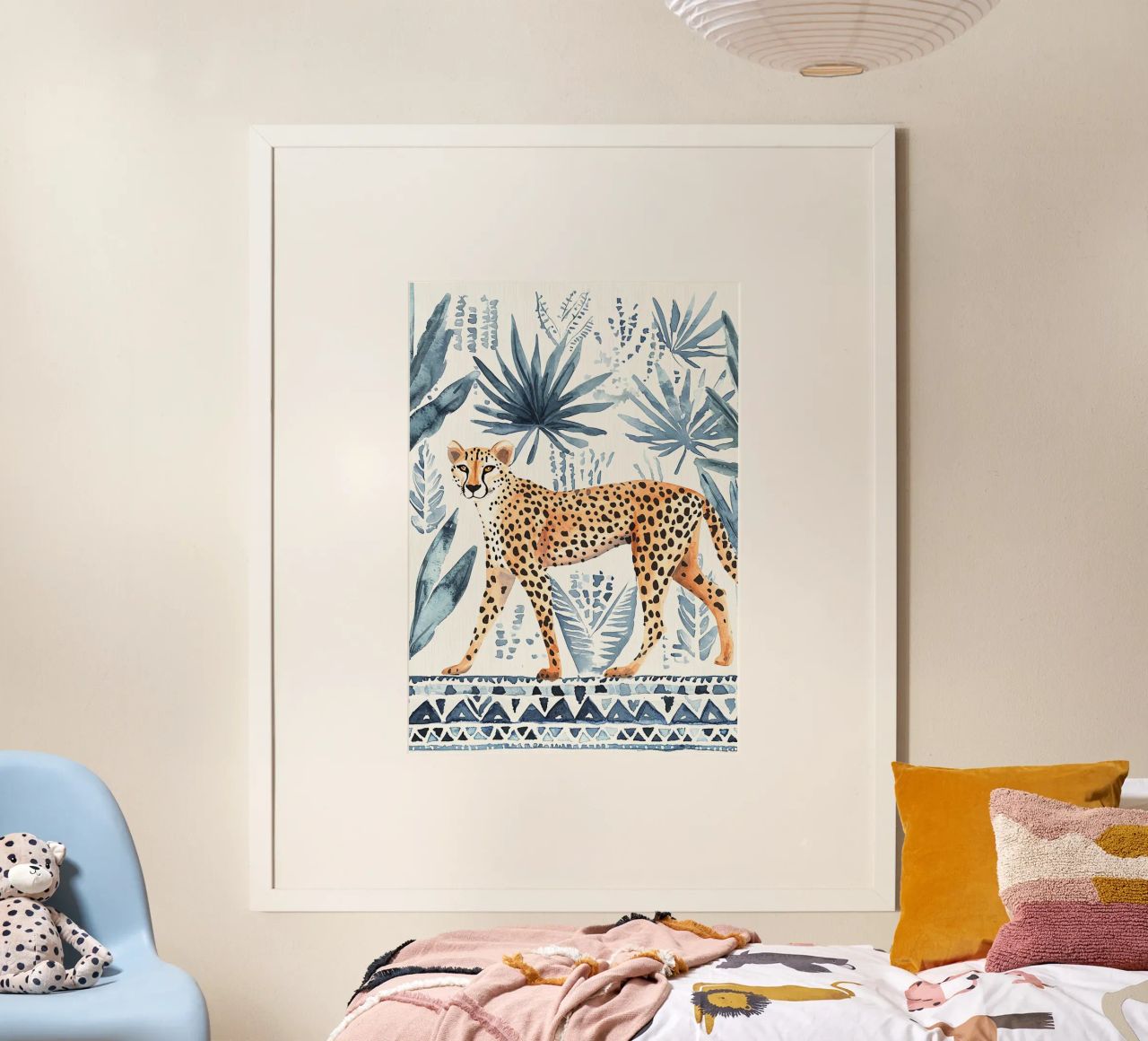Boho Cheetah Abstract Print, Blauer Wandkunstdruck Poster von Boheme