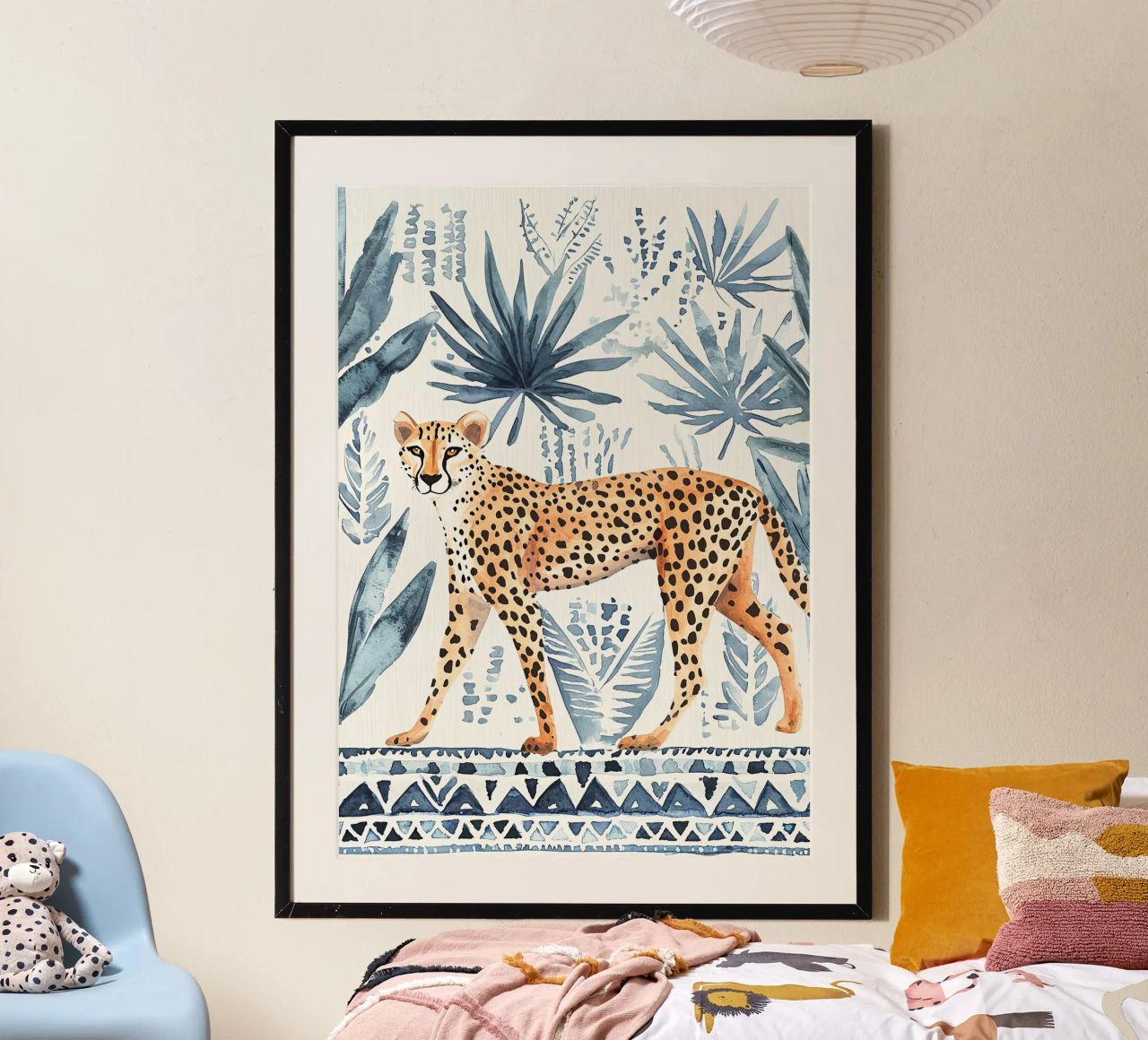 Boho Cheetah Abstract Print, Blauer Wandkunstdruck Poster von Boheme