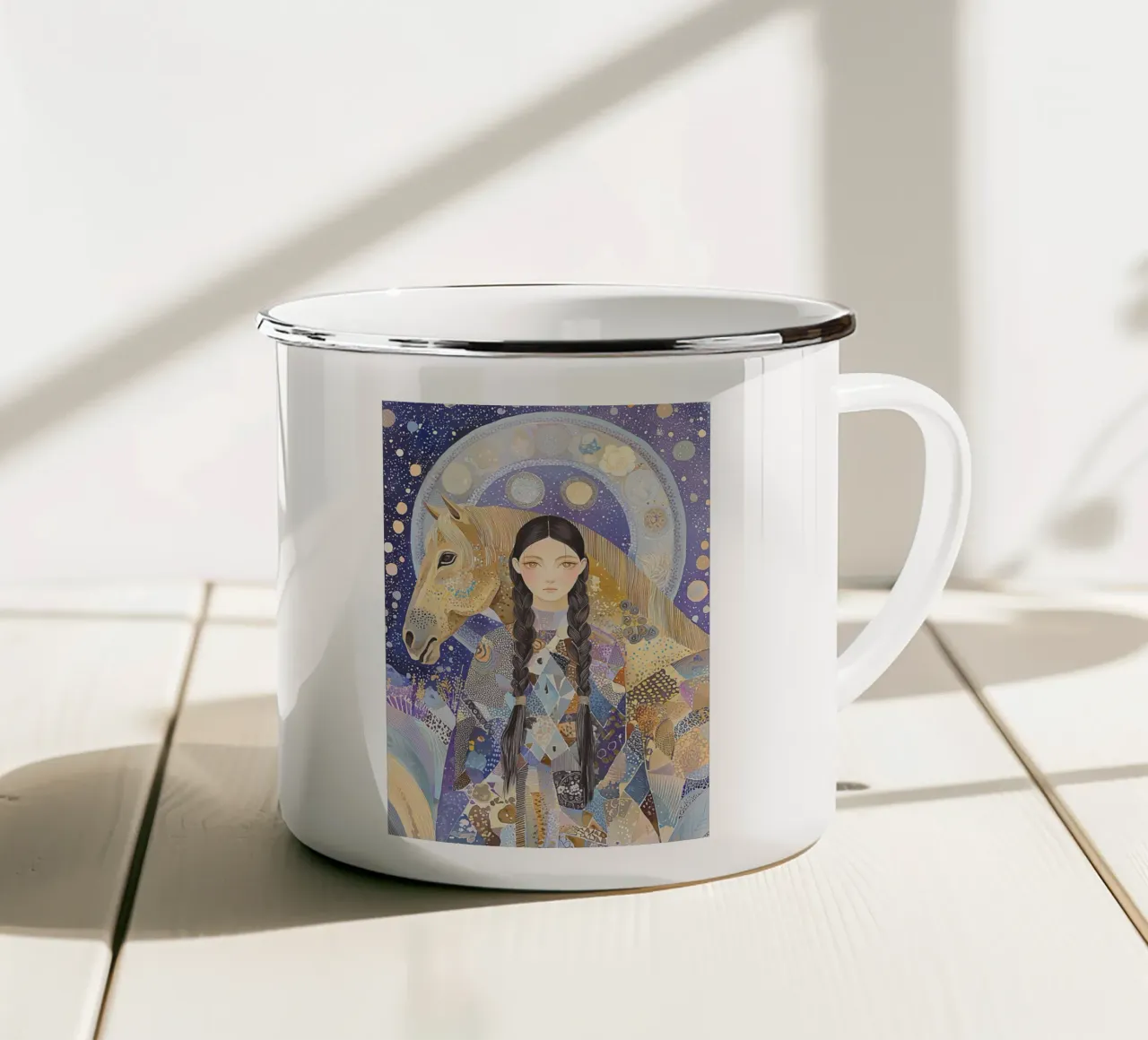 Stampa celeste bohémien, arte da parete del cavallo, arte animale astratta tazza in smalto da Boheme
