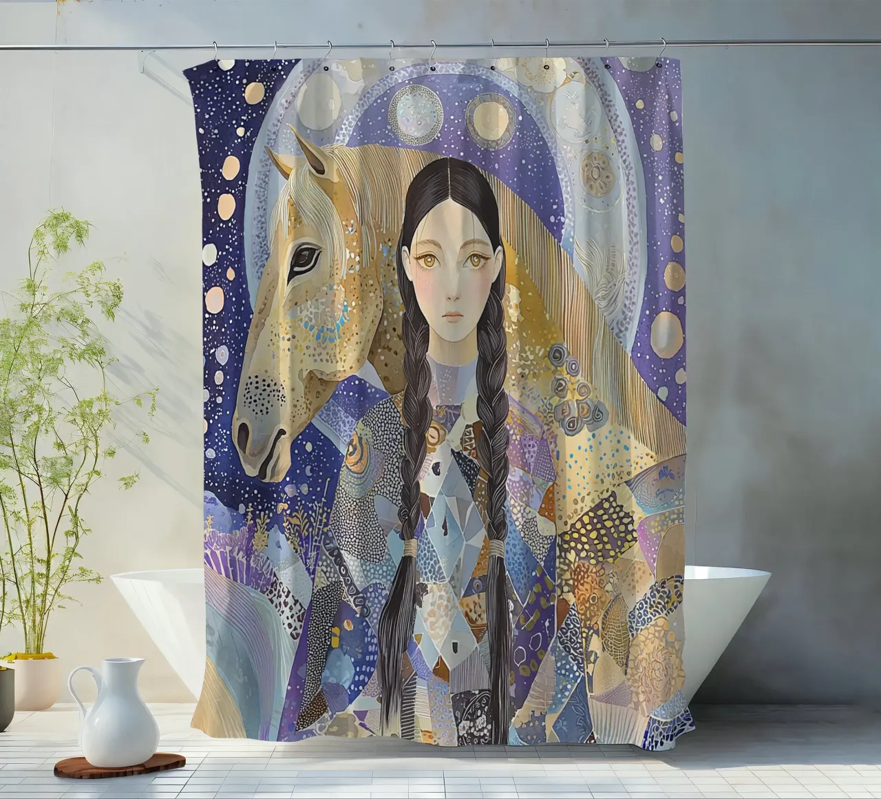 Boho Celestial Print, Pferd Wandkunst, Abstrakte Tier Kunst Duschvorhang von Boheme