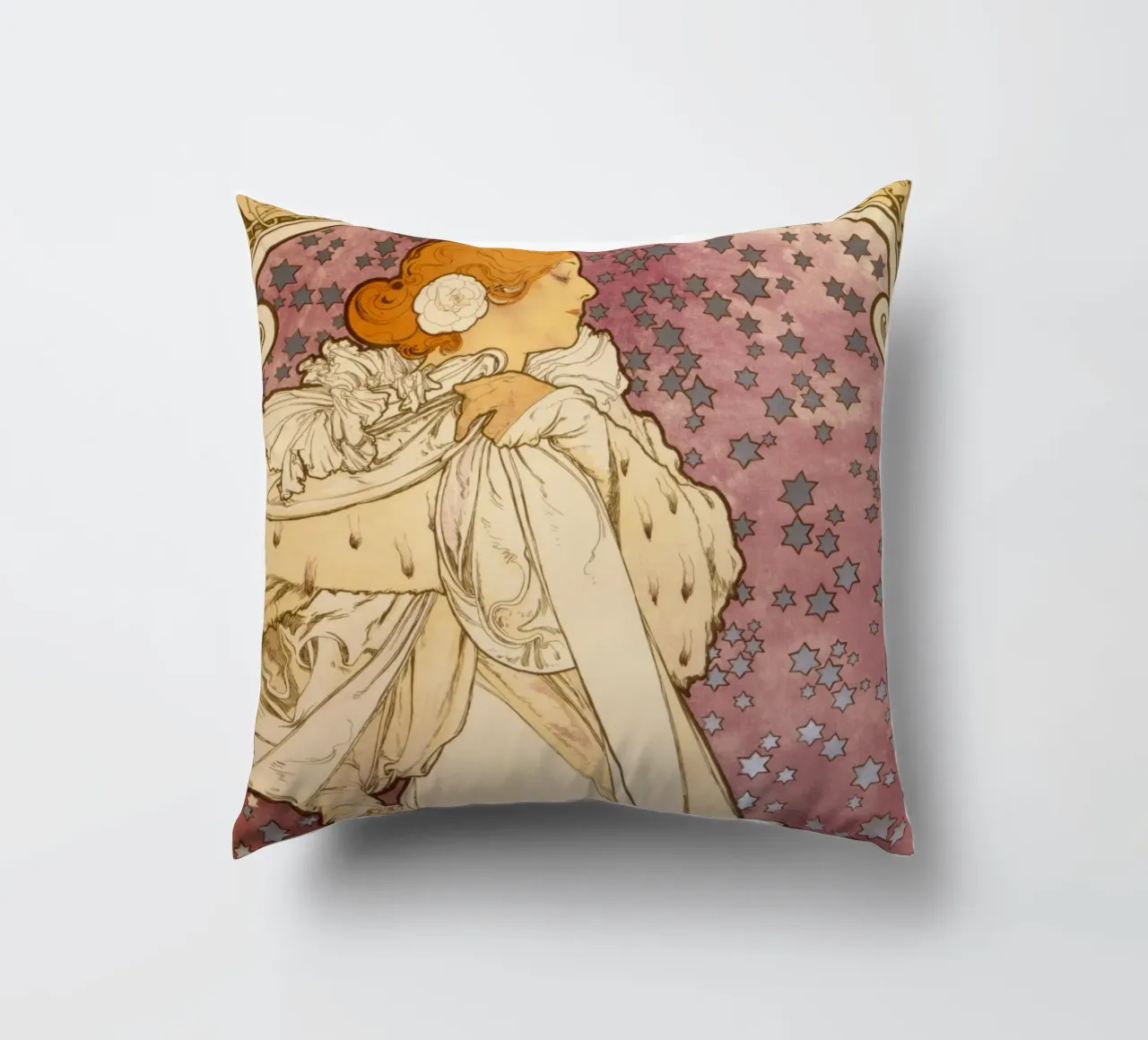 Alphonse Mucha - La signora delle camelie cuscino da Timeless Artworks