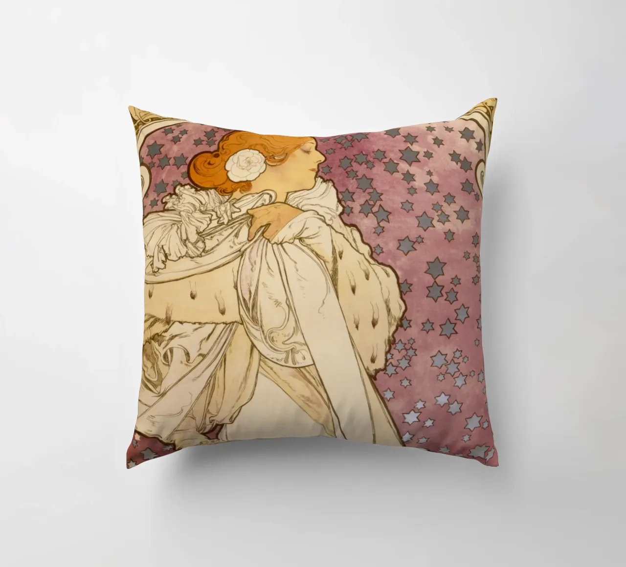 Alphonse Mucha - La signora delle camelie cuscino da Timeless Artworks