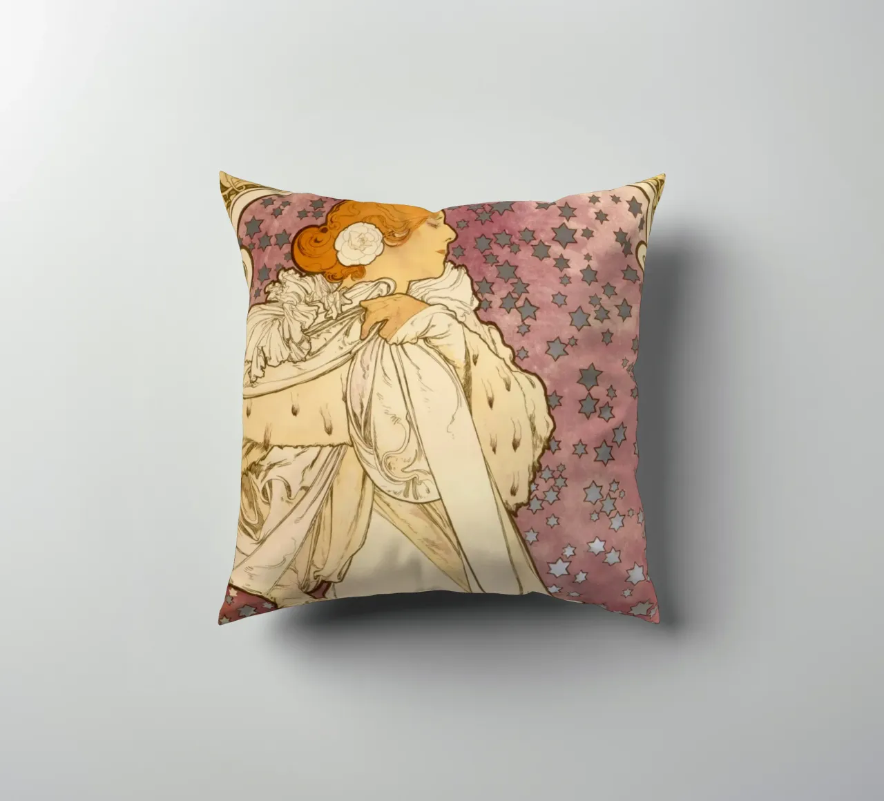 Alphonse Mucha - La signora delle camelie cuscino da Timeless Artworks