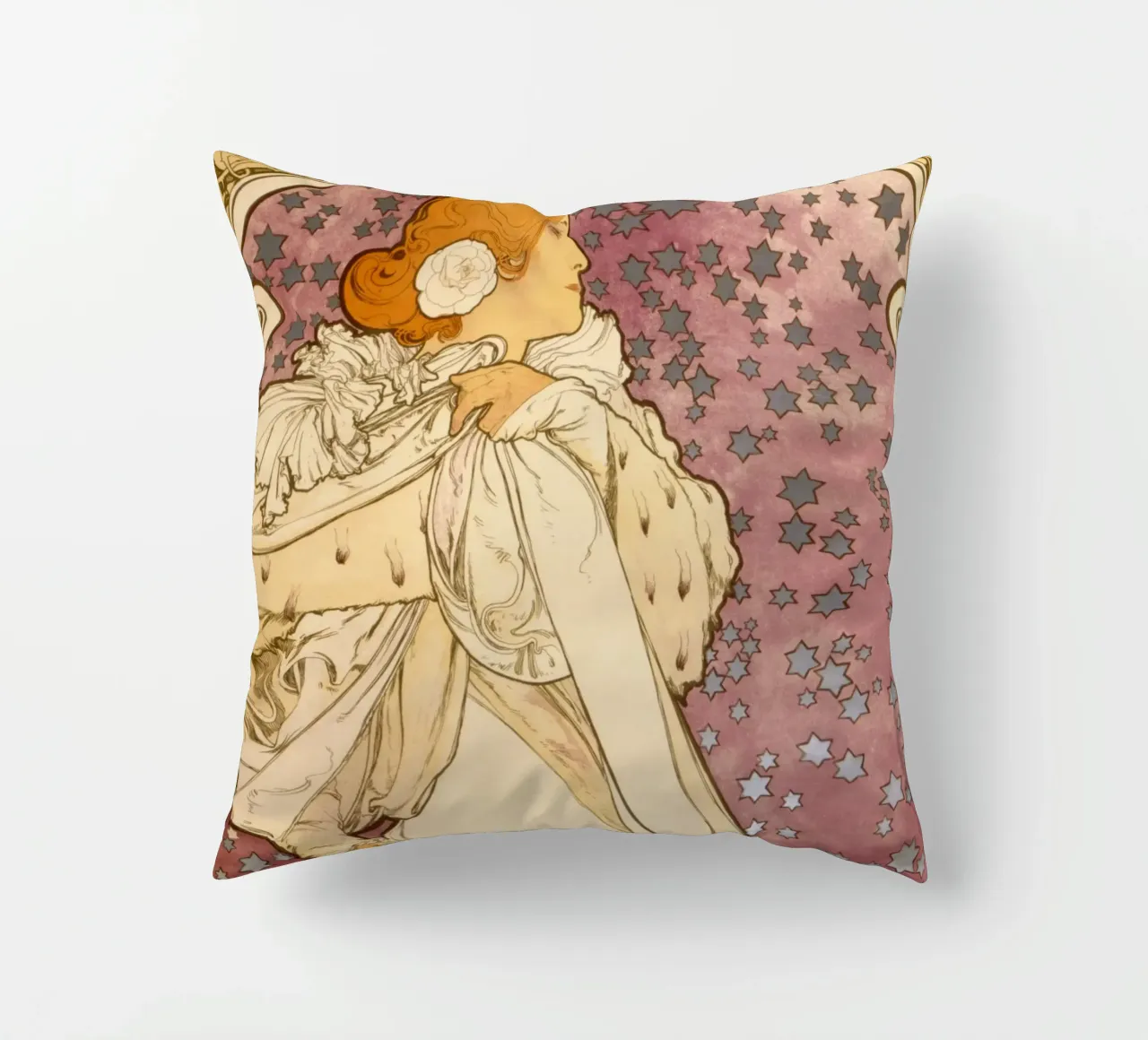 Alphonse Mucha - La signora delle camelie cuscino da Timeless Artworks