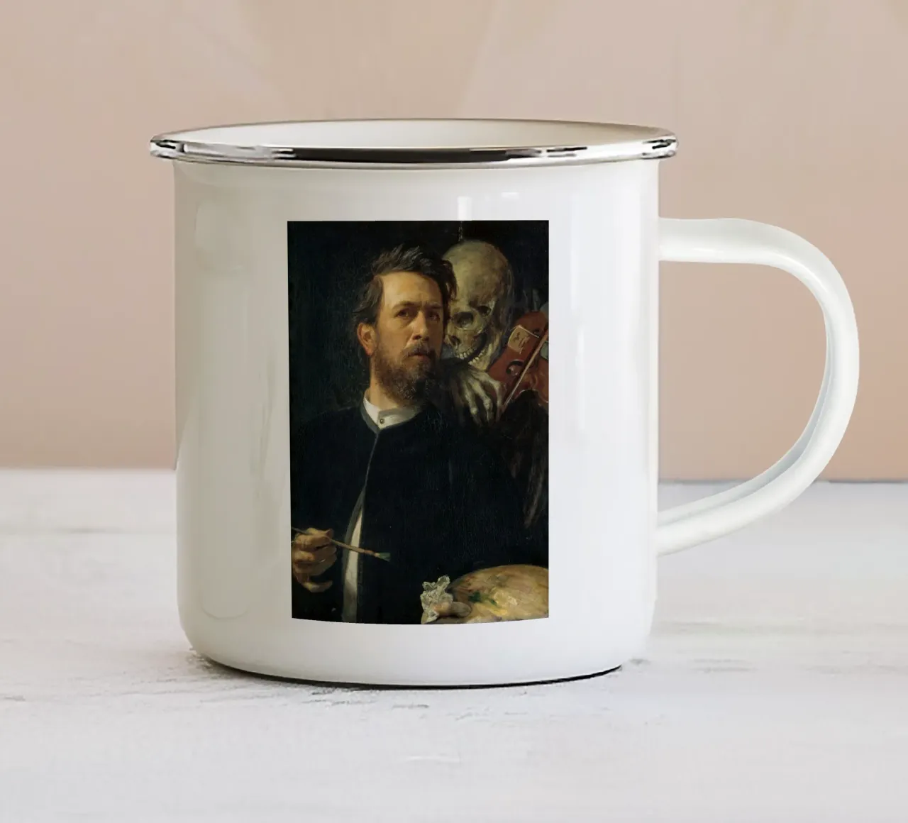 Arnold Bocklin - Self-Portrait with Death as a Fiddler enamel mug by Timeless Artworks