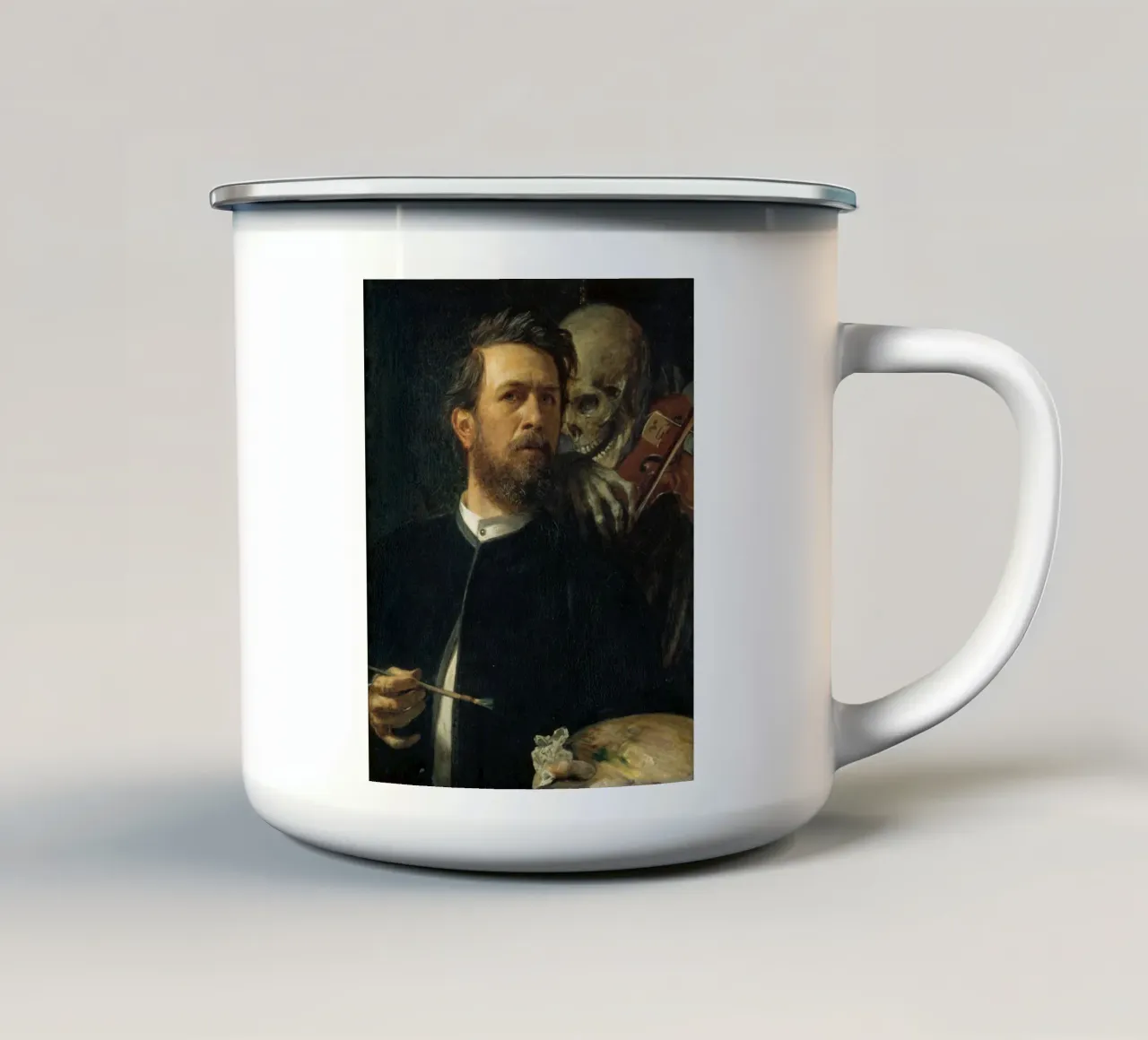 Arnold Bocklin - Self-Portrait with Death as a Fiddler enamel mug by Timeless Artworks