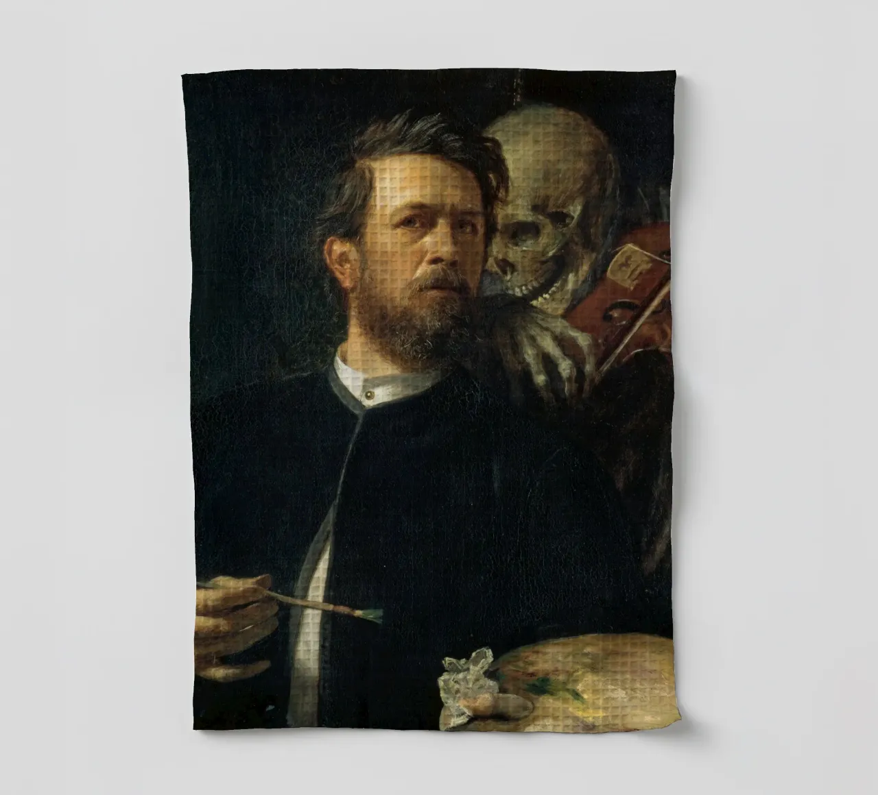 Arnold Bocklin - Self-Portrait with Death as a Fiddler tea towel by Timeless Artworks