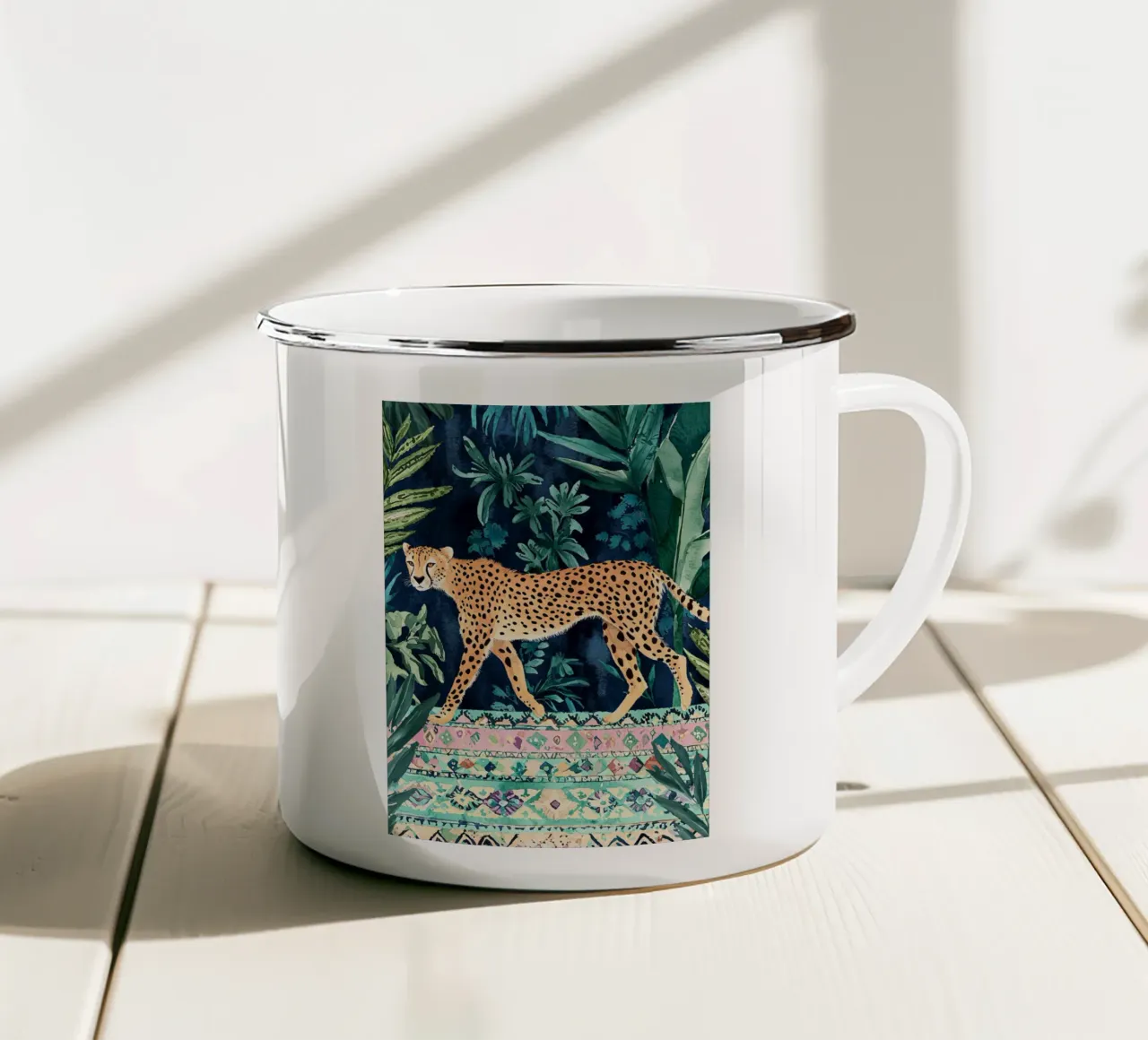 Botanische Cheetah Print, Wilde dieren groen abstracte kunst emaille mok van Boheme