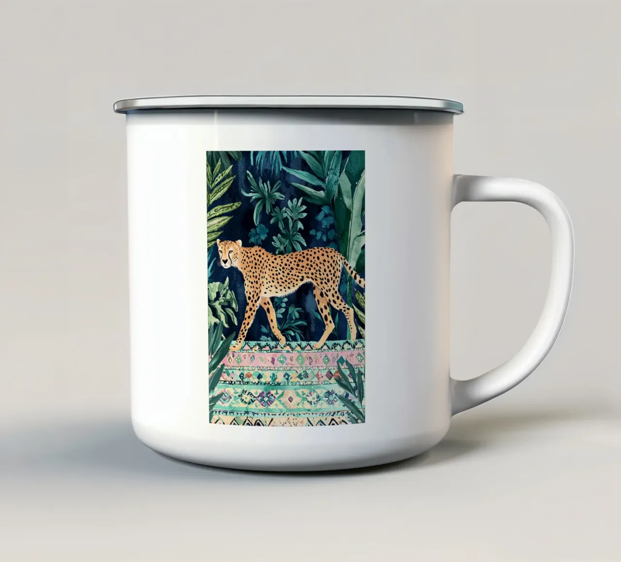 Botanische Cheetah Print, Wilde dieren groen abstracte kunst emaille mok van Boheme
