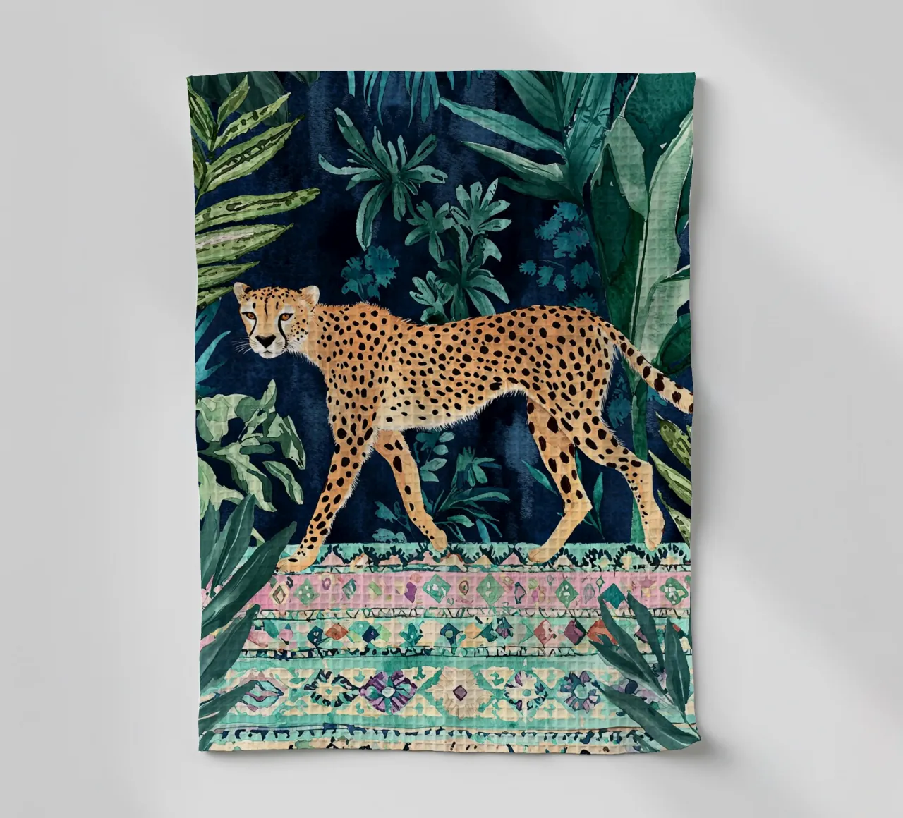 Imprimé guépard botanique, art abstrait vert faune et flore torchon de Boheme