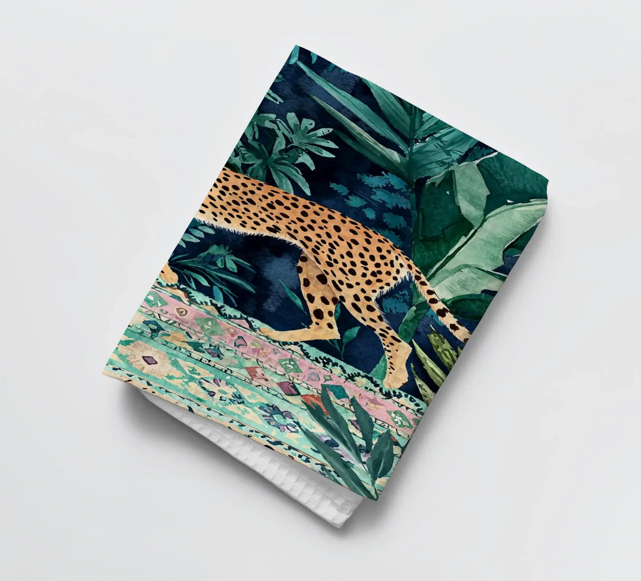 Imprimé guépard botanique, art abstrait vert faune et flore torchon de Boheme