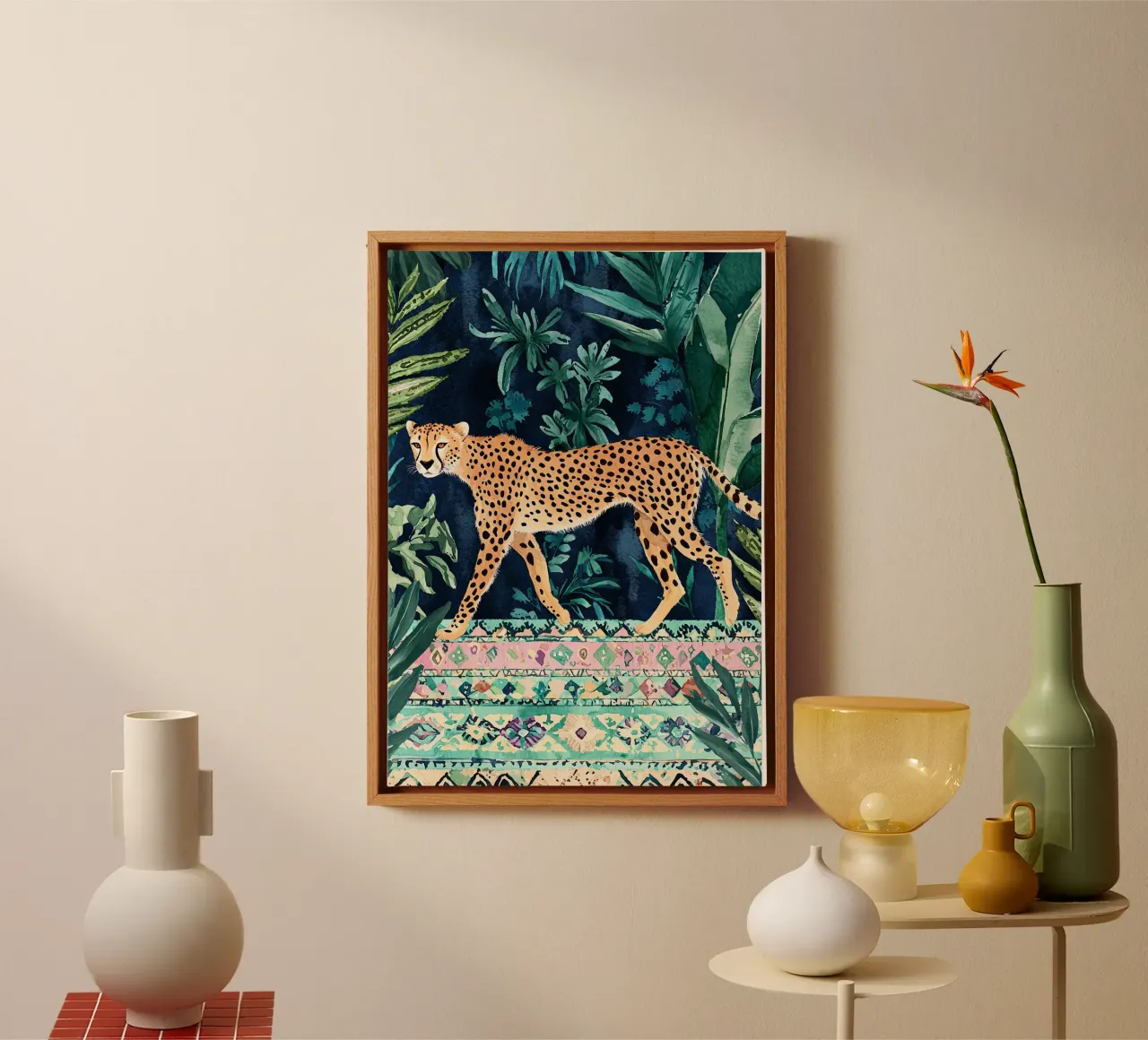 Botanische Cheetah Print, Wilde dieren groen abstracte kunst canvas met Baklijst van Boheme