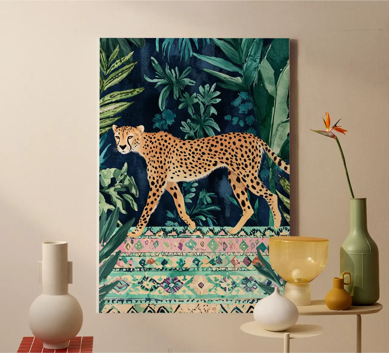 Botanische Cheetah Print, Wilde dieren groen abstracte kunst canvas met Baklijst van Boheme