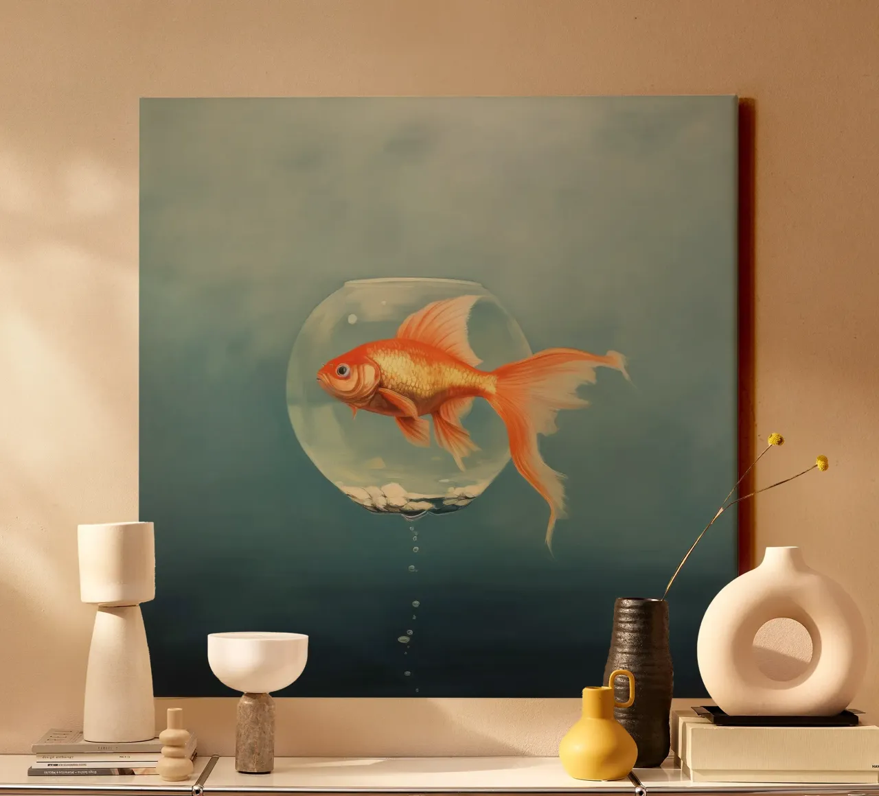 Pesce rosso minimo 2 tela con Cornice a cassetta da Minimal Animal Art
