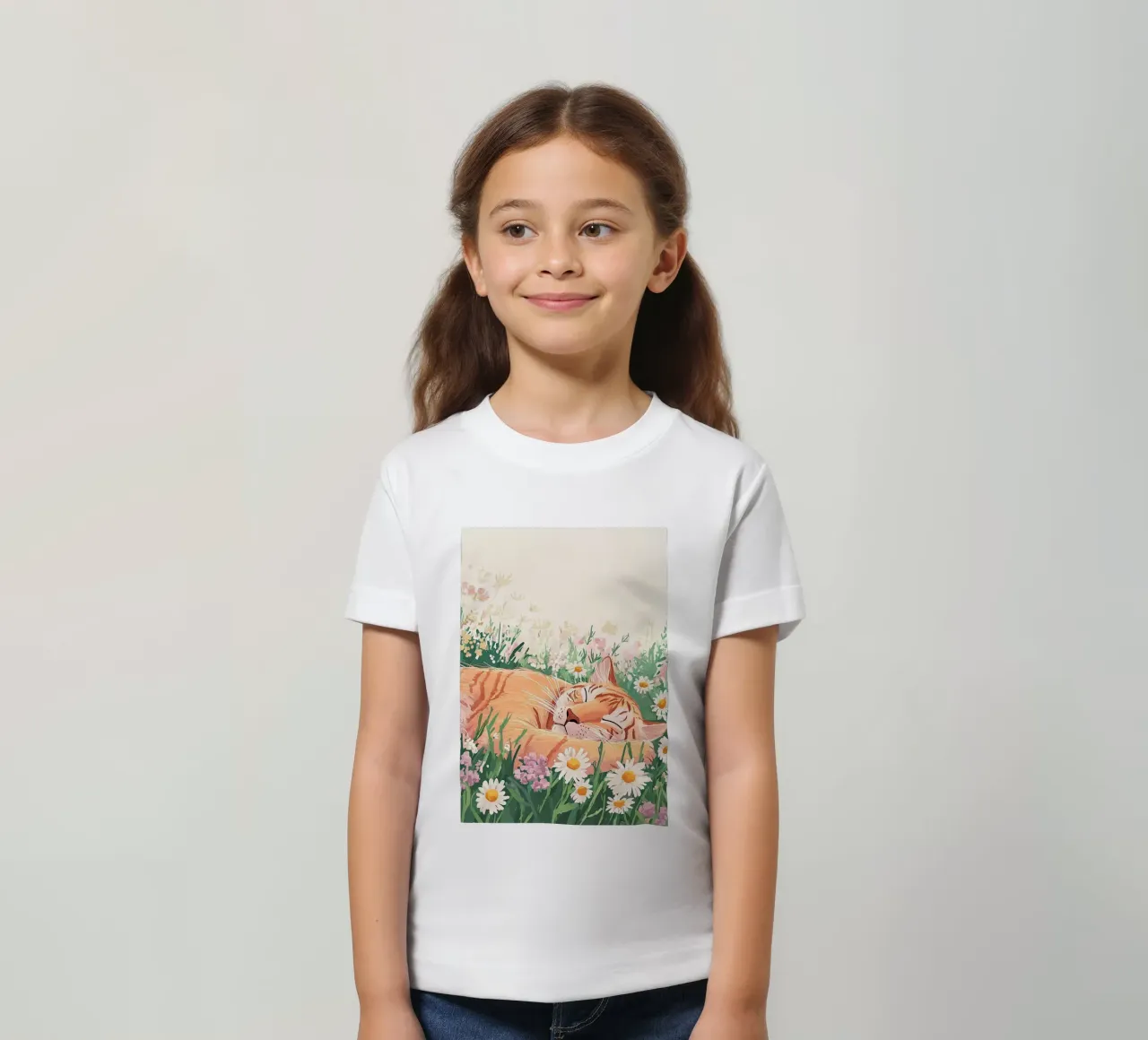 Gatto carino tra i fiori di campo, arte murale colorata, arte stravagante t-shirt bambini da Boheme