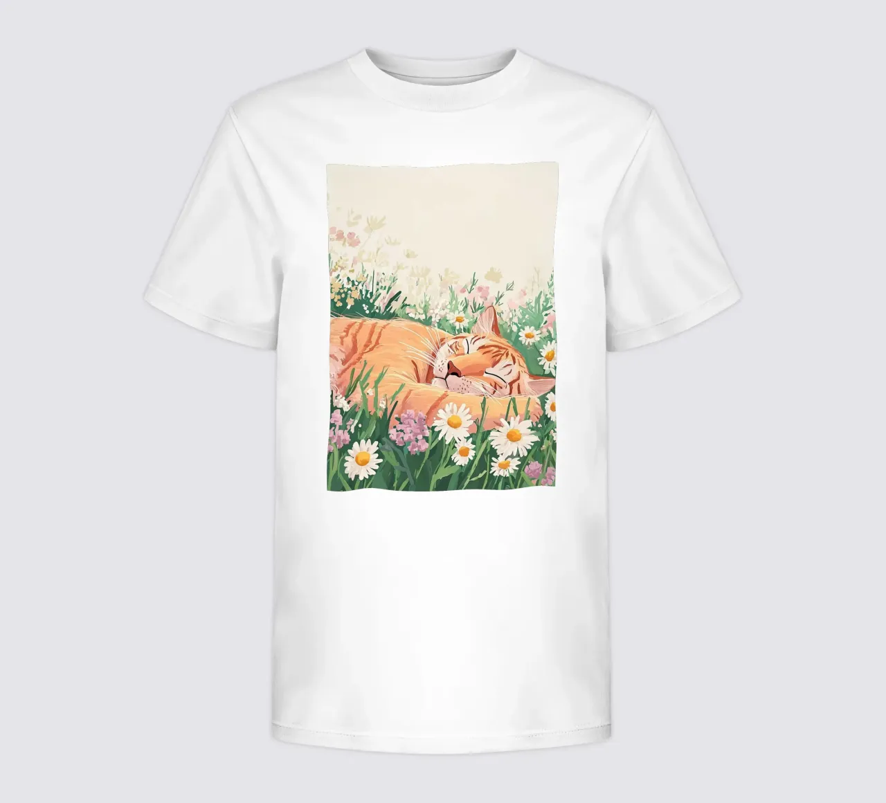 Gatto carino tra i fiori di campo, arte murale colorata, arte stravagante t-shirt bambini da Boheme