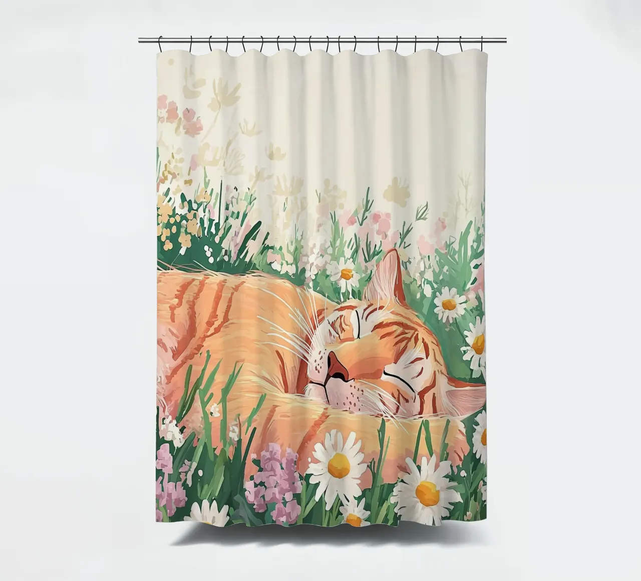 Cute Cat in wildflowers, colourful wall art, whimsical art shower curtain by Boheme