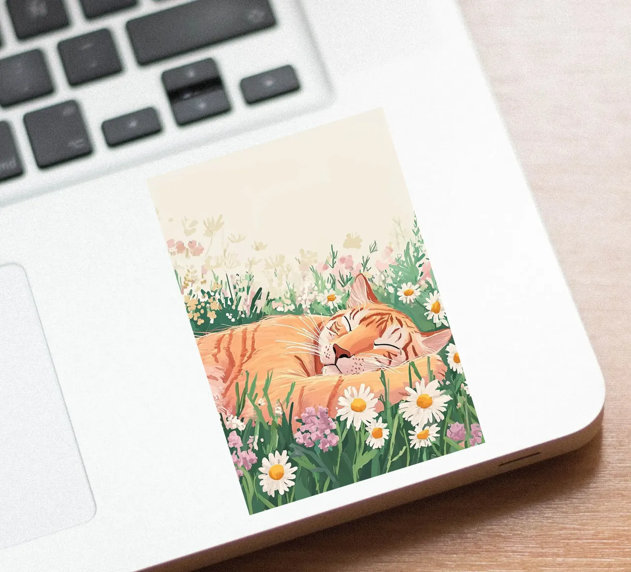 Chat mignon dans les fleurs sauvages, art mural coloré, art fantaisiste autocollant de Boheme